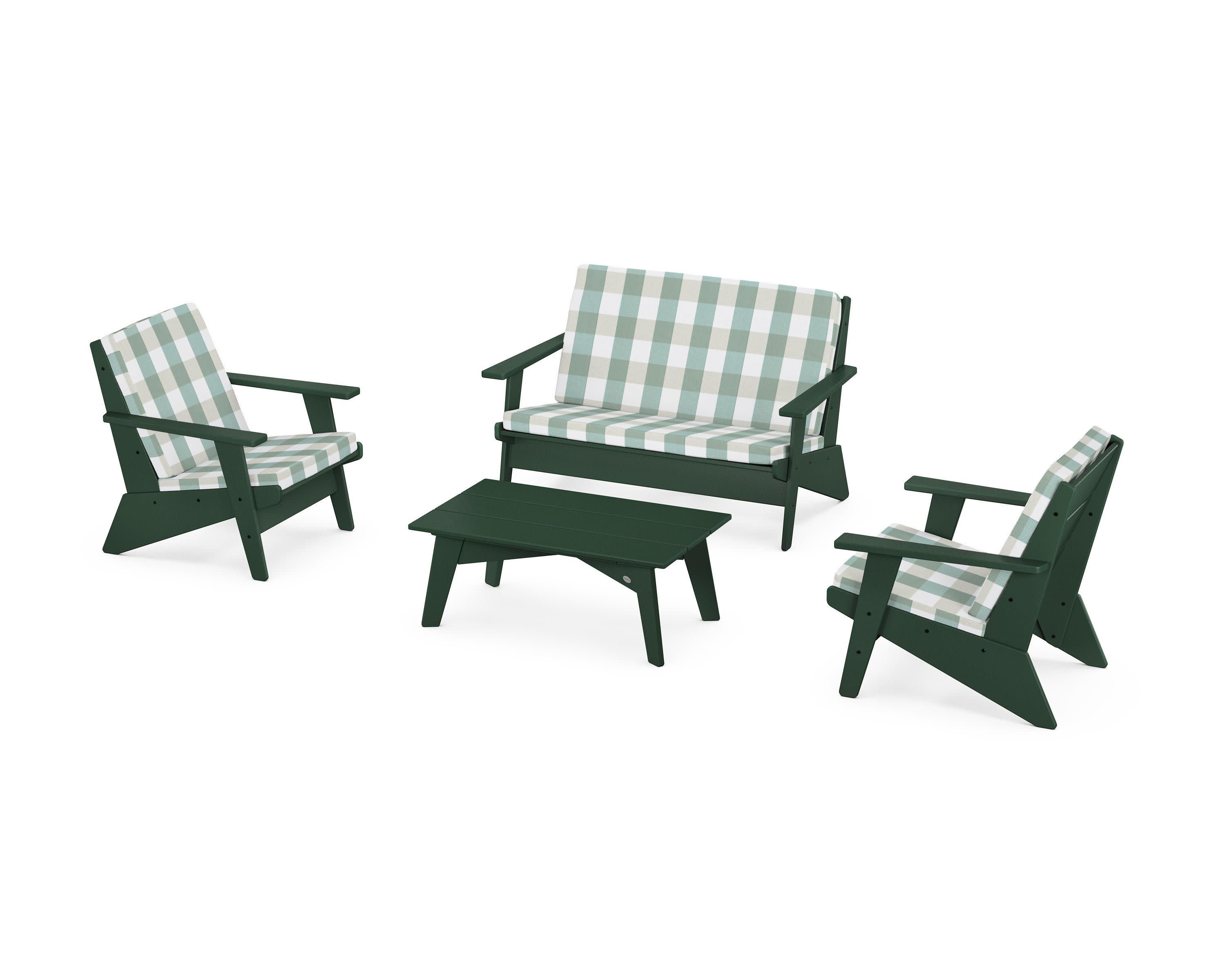 Riviera Modern Lounge 4-Piece Set in Green / Buffalo Plaid Glacier Spa