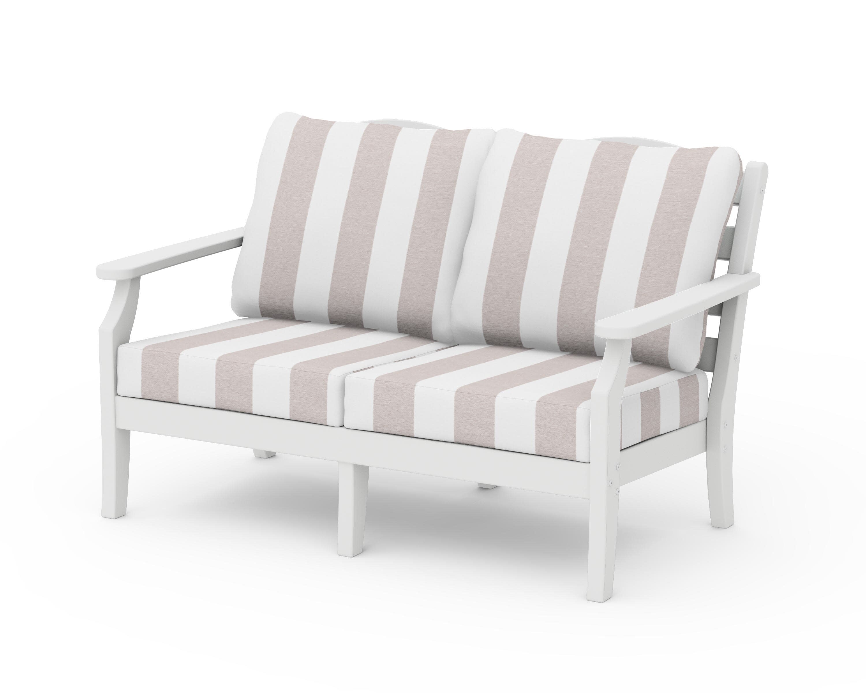 Savannah Deep Seating Loveseat in White / Cabana Stripe Dune Burlap