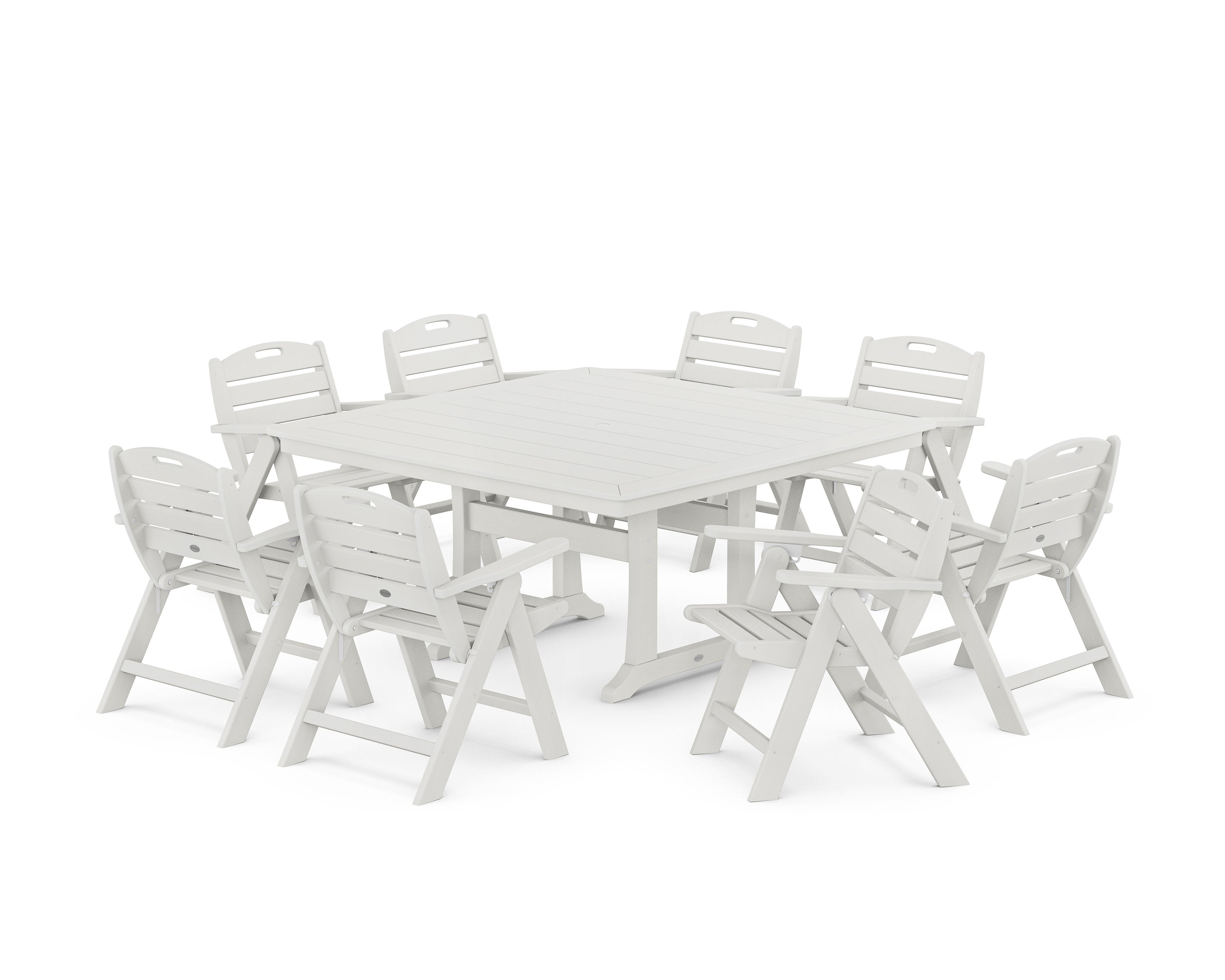 Nautical Lowback 9-Piece Square Dining Set with Trestle Legs in Vintage White