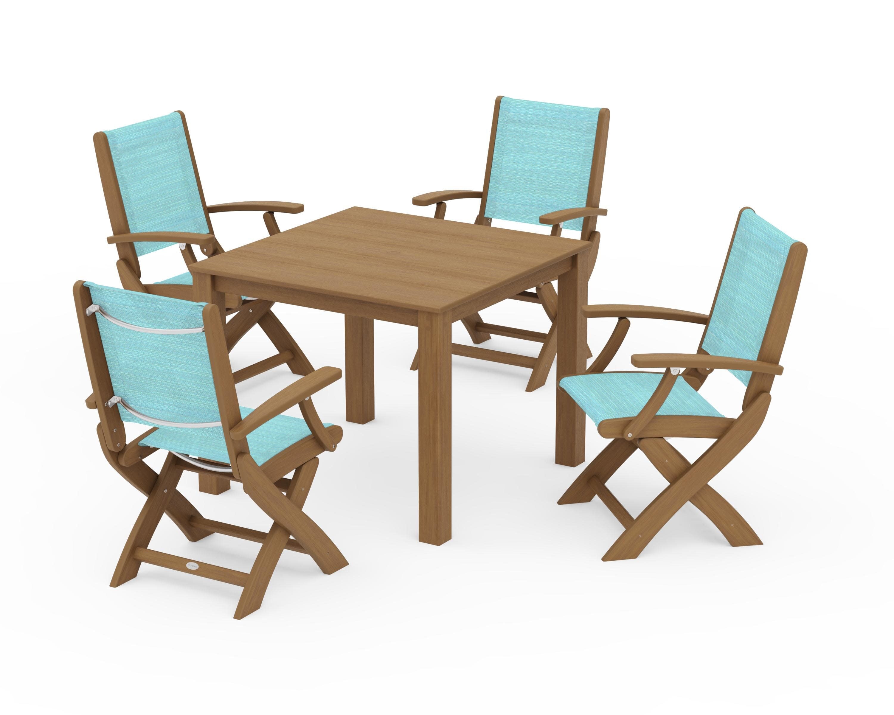 Coastal Folding Chair 5-Piece Parsons Dining Set in Natural / Dupioni Aquamarine Sling