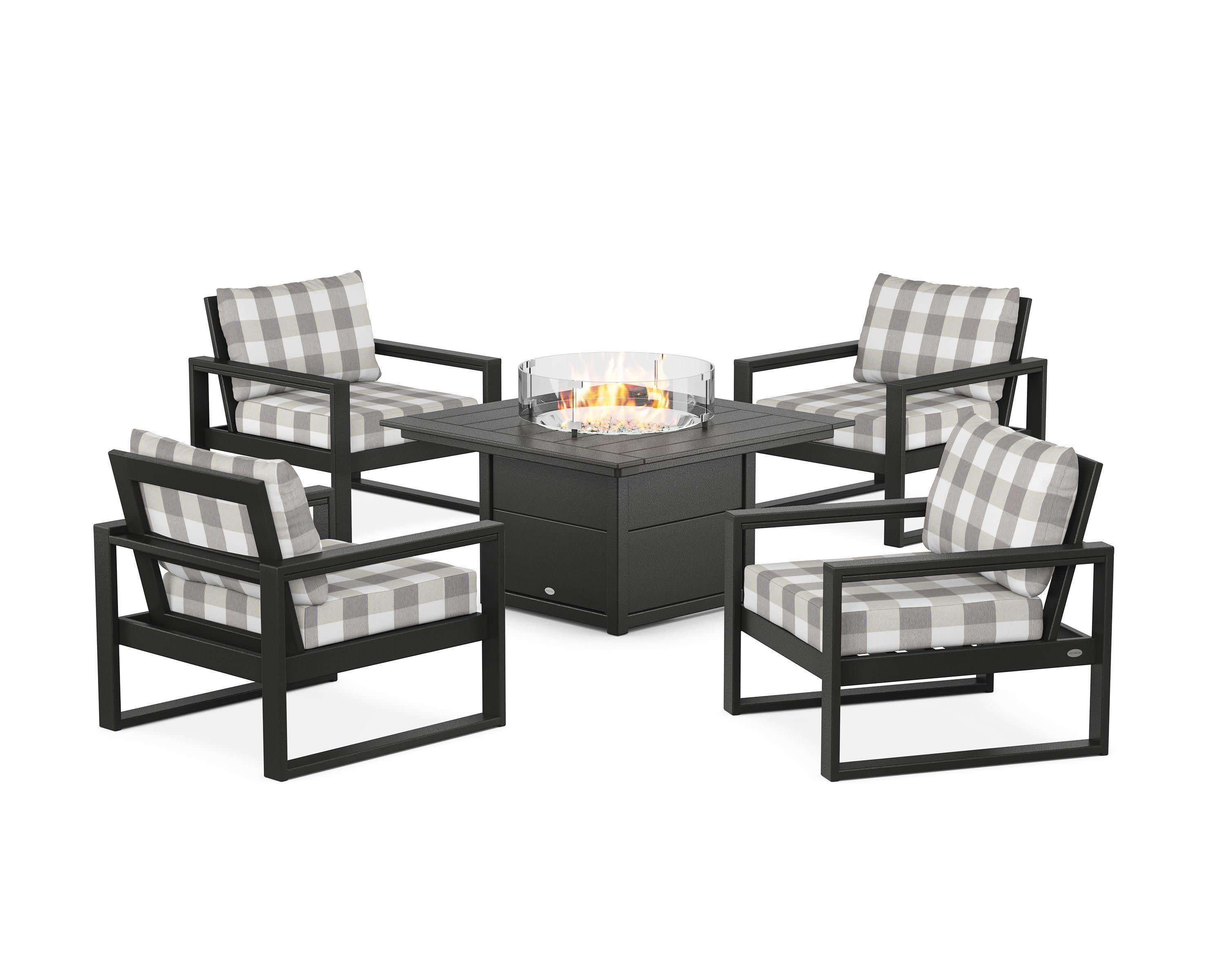 EDGE Sectional 5-Piece Deep Seating Set with Fire Pit Table in Black / Buffalo Plaid Grey Mist