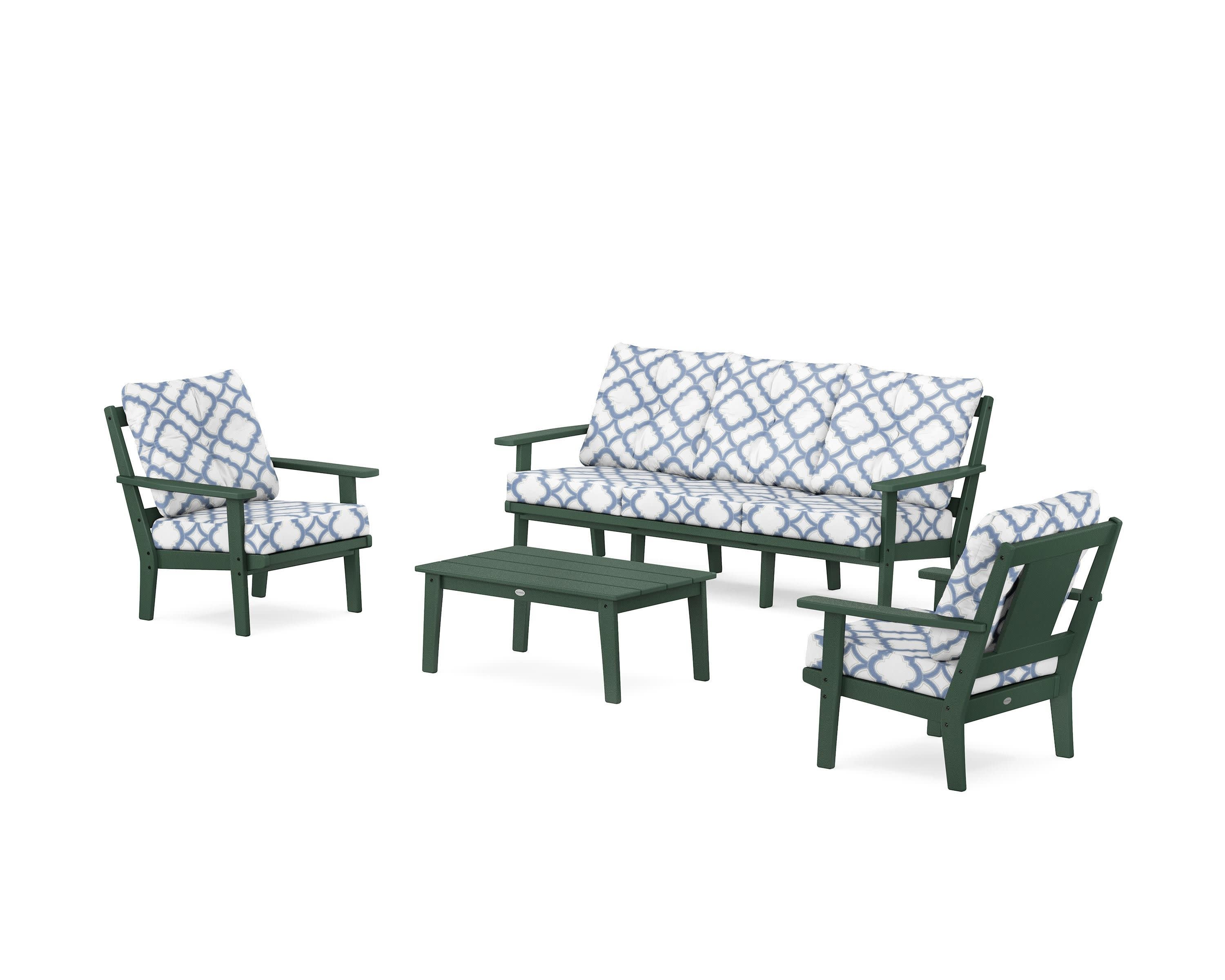 Prairie 4-Piece Deep Seating Set with Sofa in Green / Trellis Sky Blue
