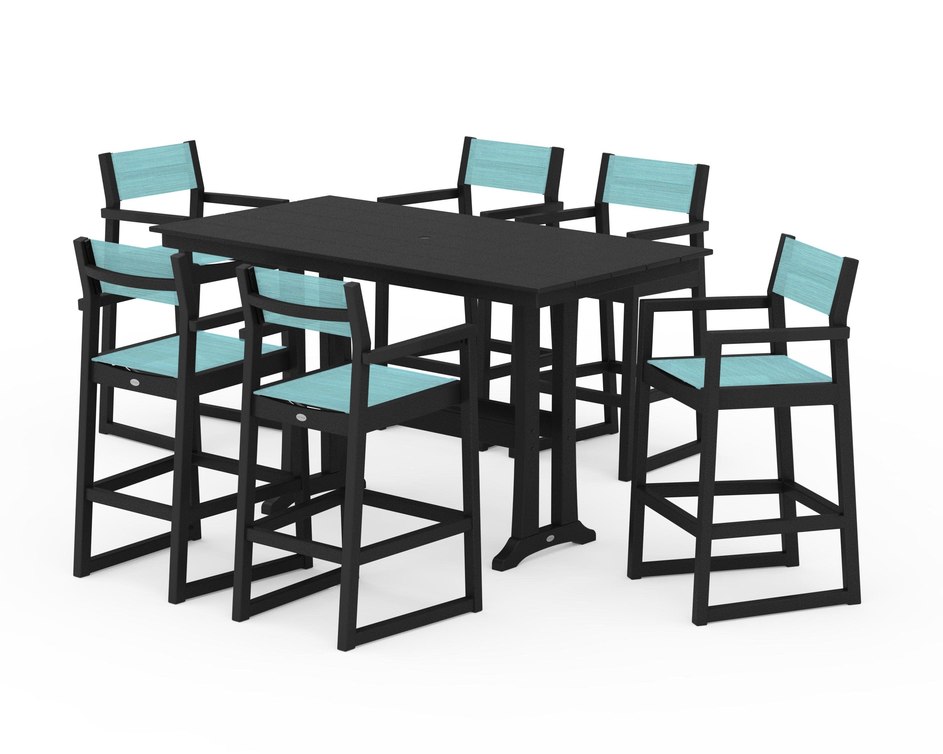 EDGE Sling Arm Chair 7-Piece Farmhouse Bar Set with Trestle Legs in Black / Dupioni Aquamarine Sling