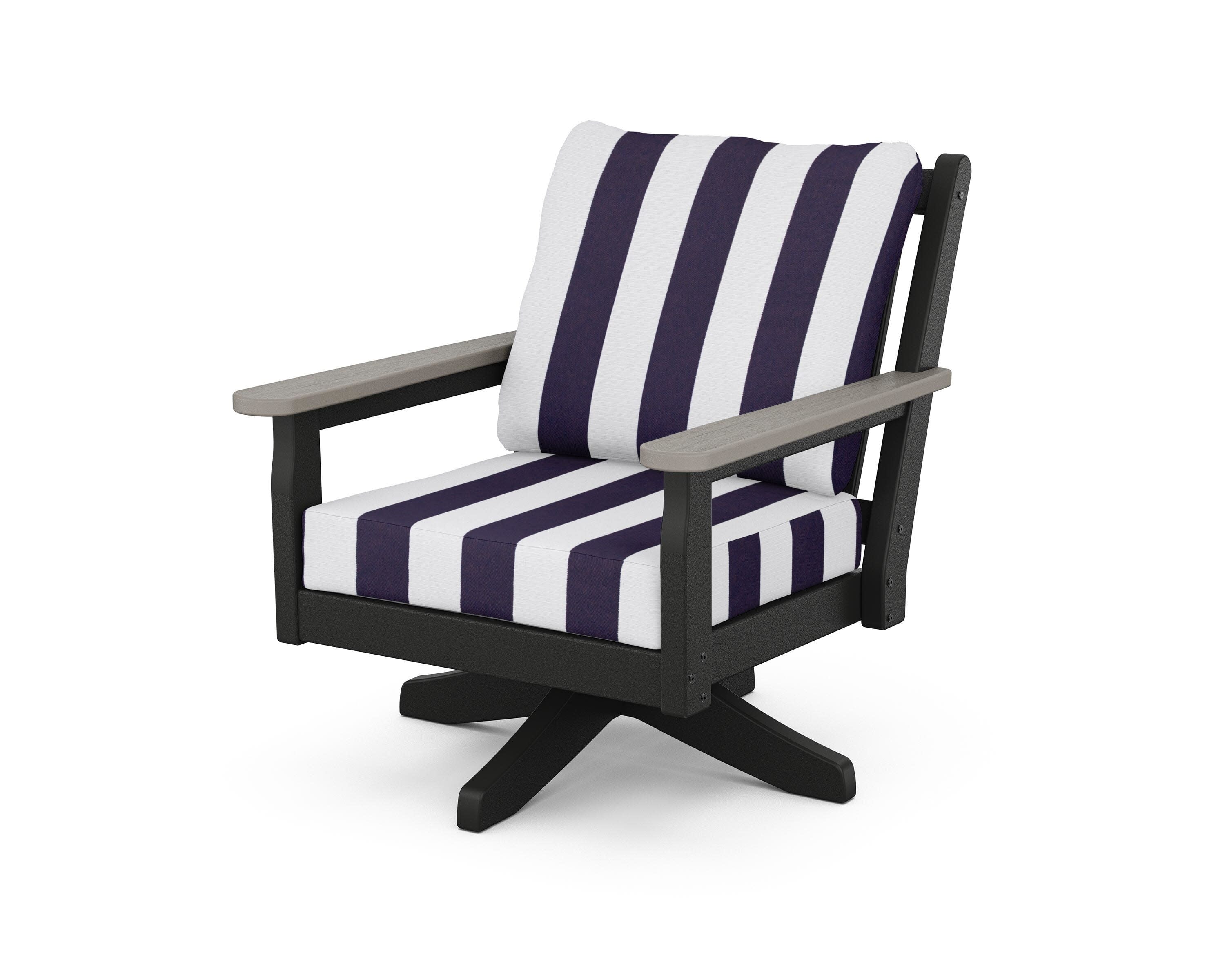 Chippendale Deep Seating Swivel Chair in Black / Driftwood / Cabana Stripe Navy