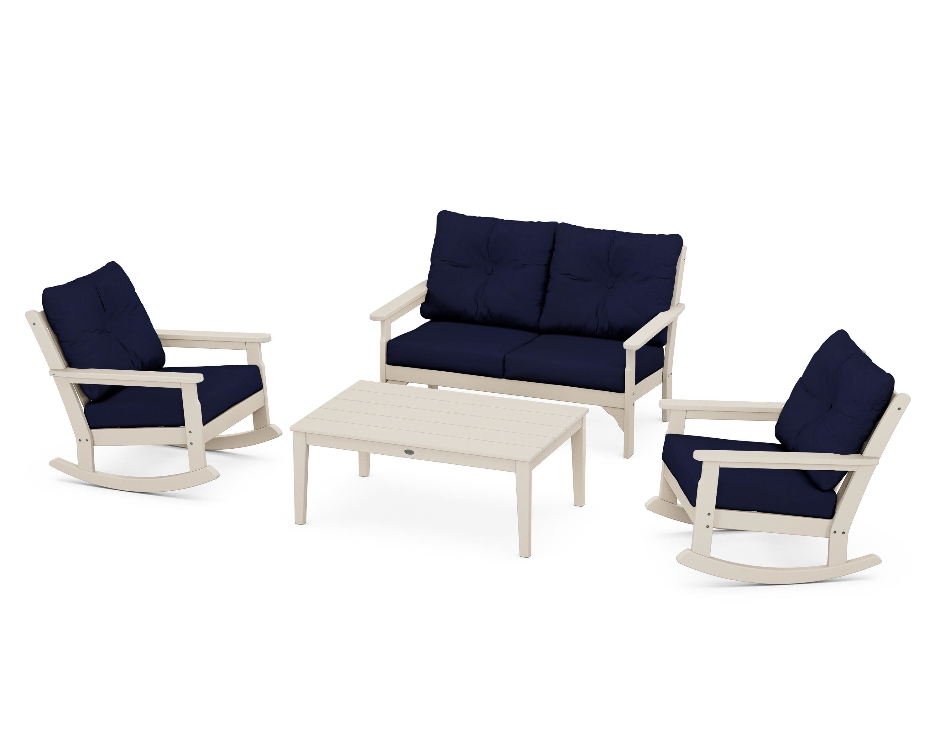 Vineyard 4-Piece Deep Seating Rocking Chair Set in Sand / Navy