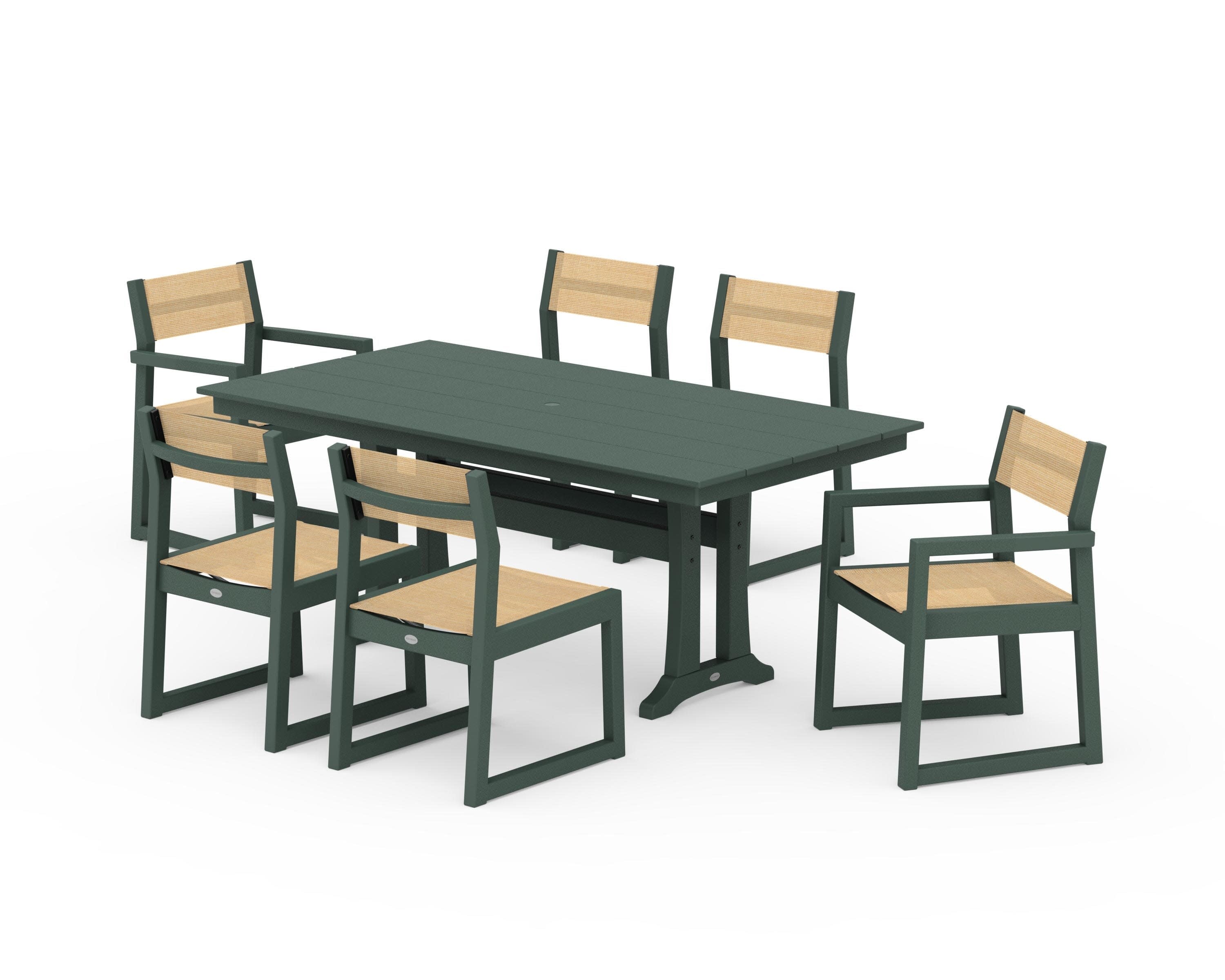 EDGE Sling 7-Piece Farmhouse Trestle Dining Set in Green / Dupioni Apricot Sling