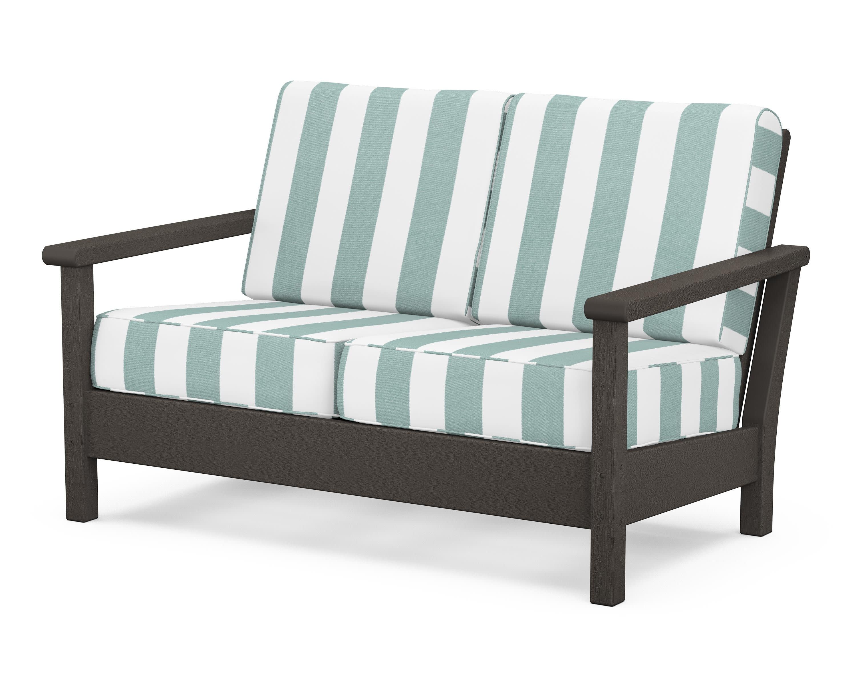 Harbour Deep Seating Loveseat in Vintage Coffee / Cabana Stripe Glacier Spa