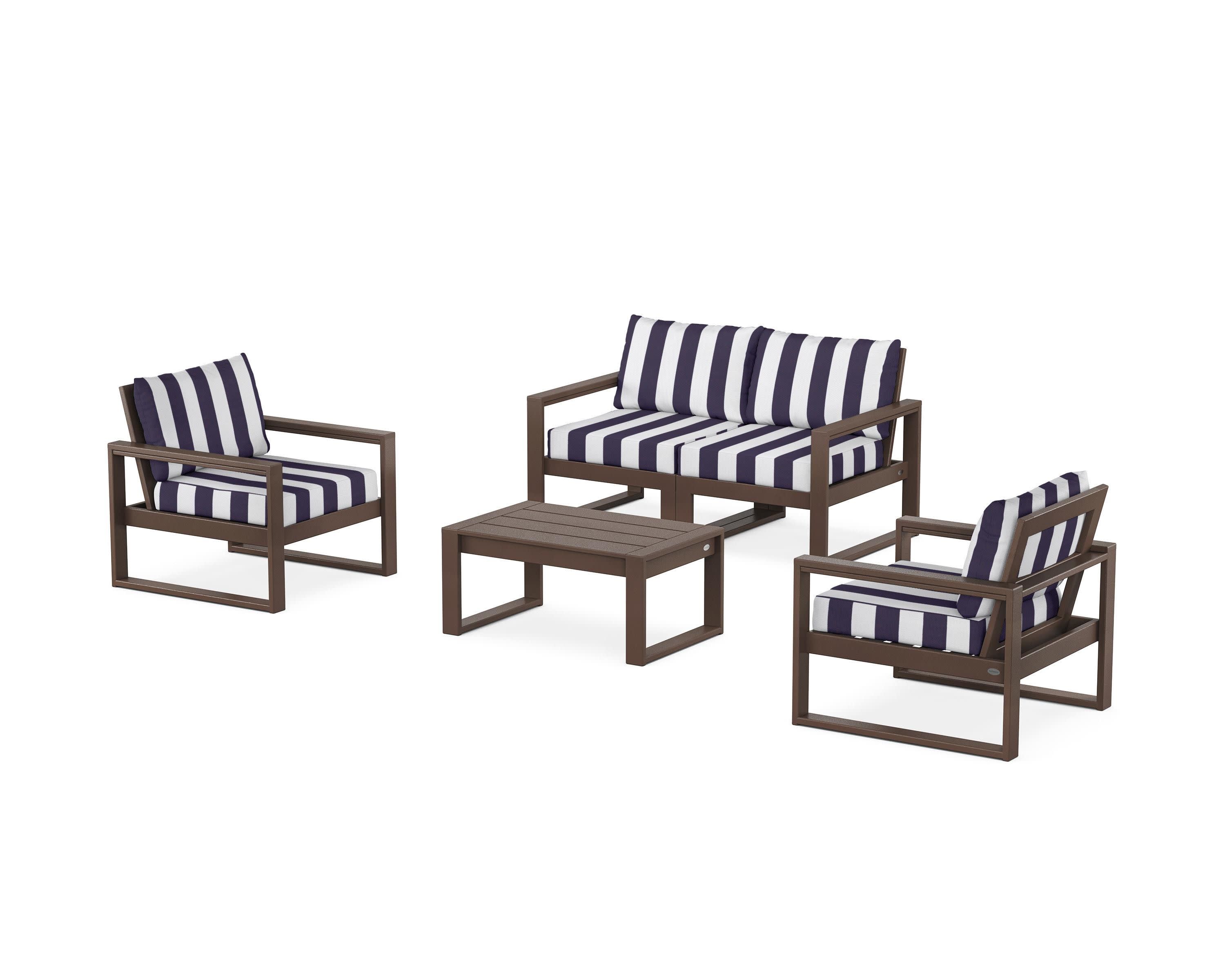 EDGE Sectional 4-Piece Deep Seating Set with Loveseat in Mahogany / Cabana Stripe Navy