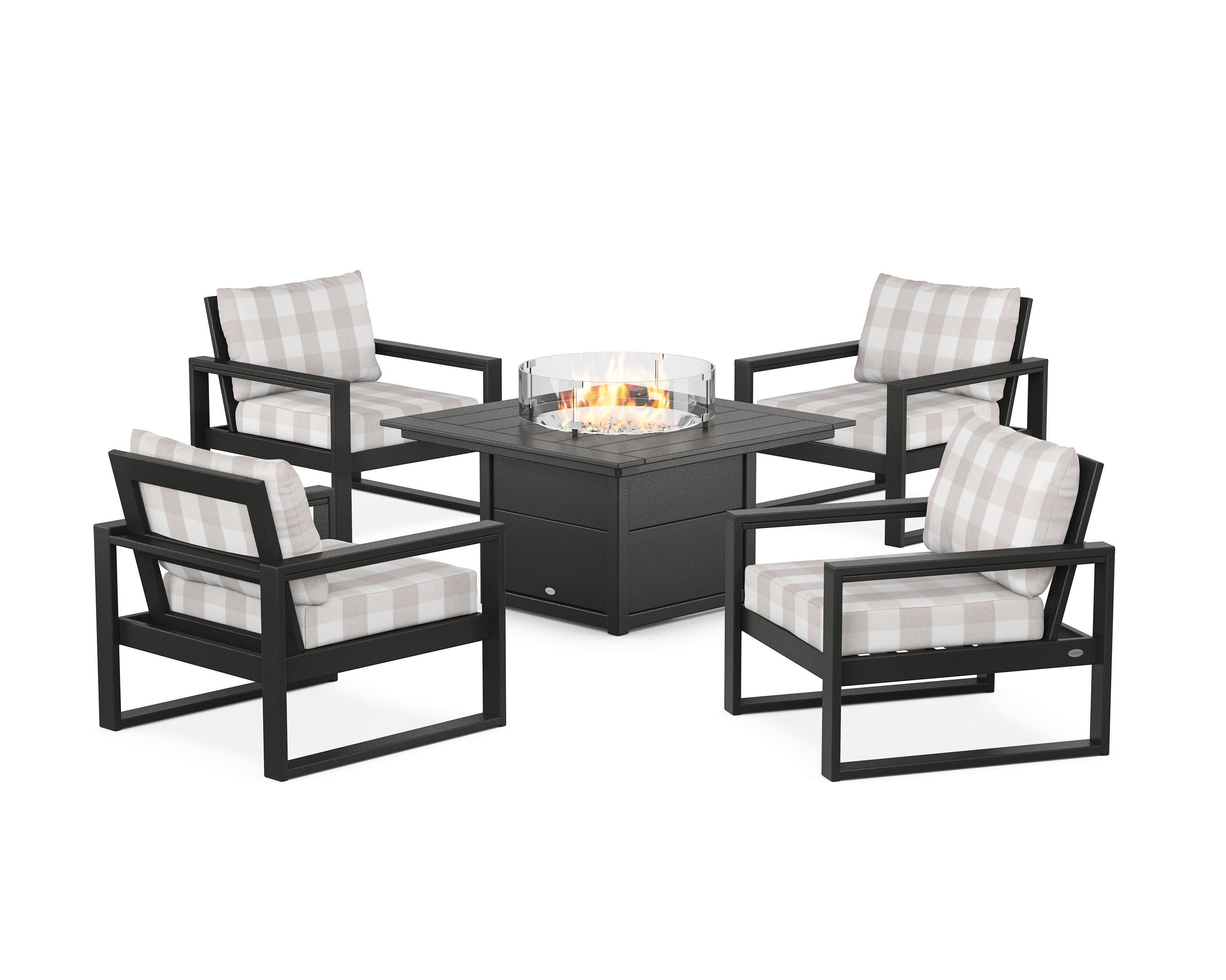EDGE Sectional 5-Piece Deep Seating Set with Fire Pit Table in Black / Buffalo Plaid Dune Burlap
