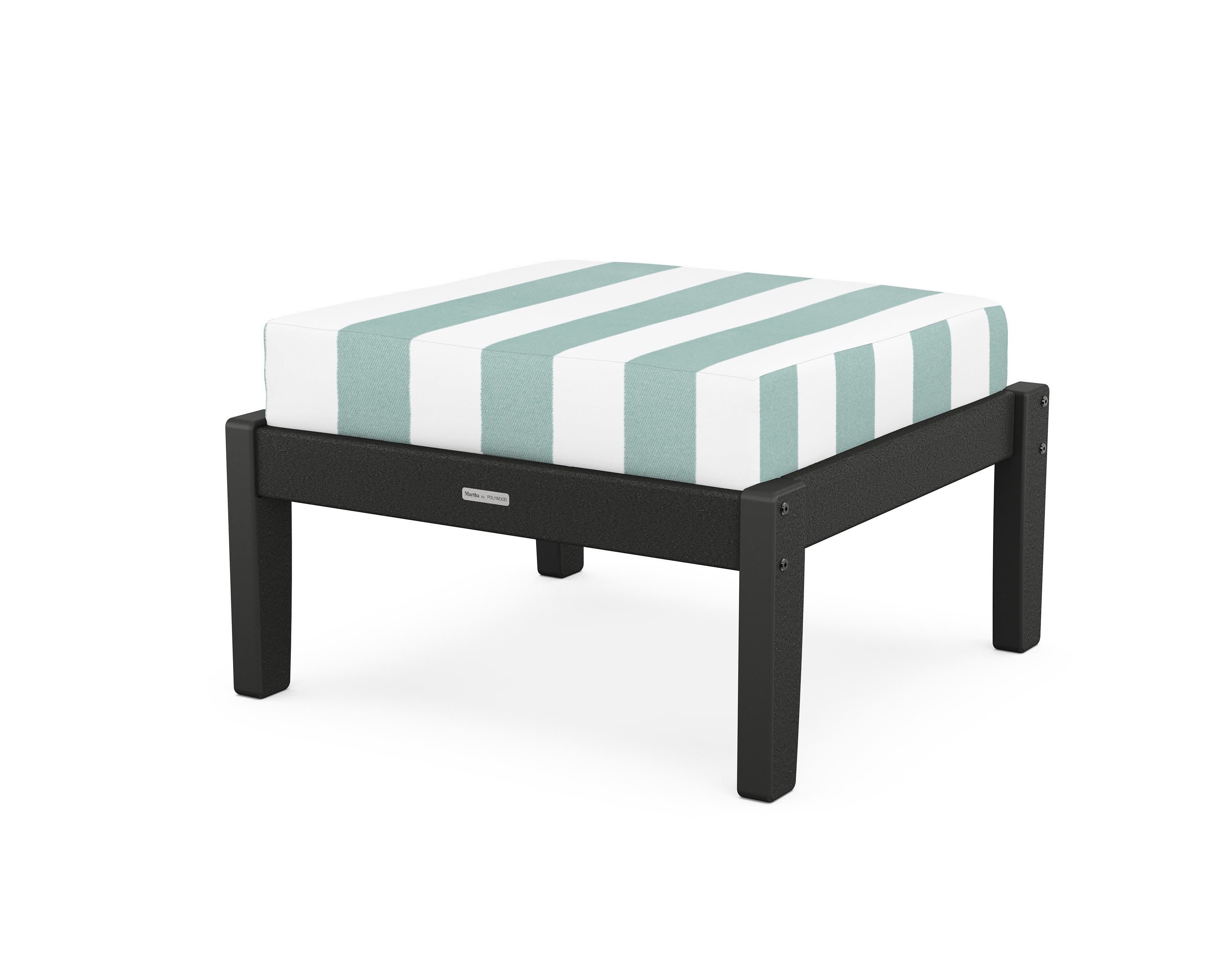 Chinoiserie Deep Seating Ottoman in Black / Cabana Stripe Glacier Spa