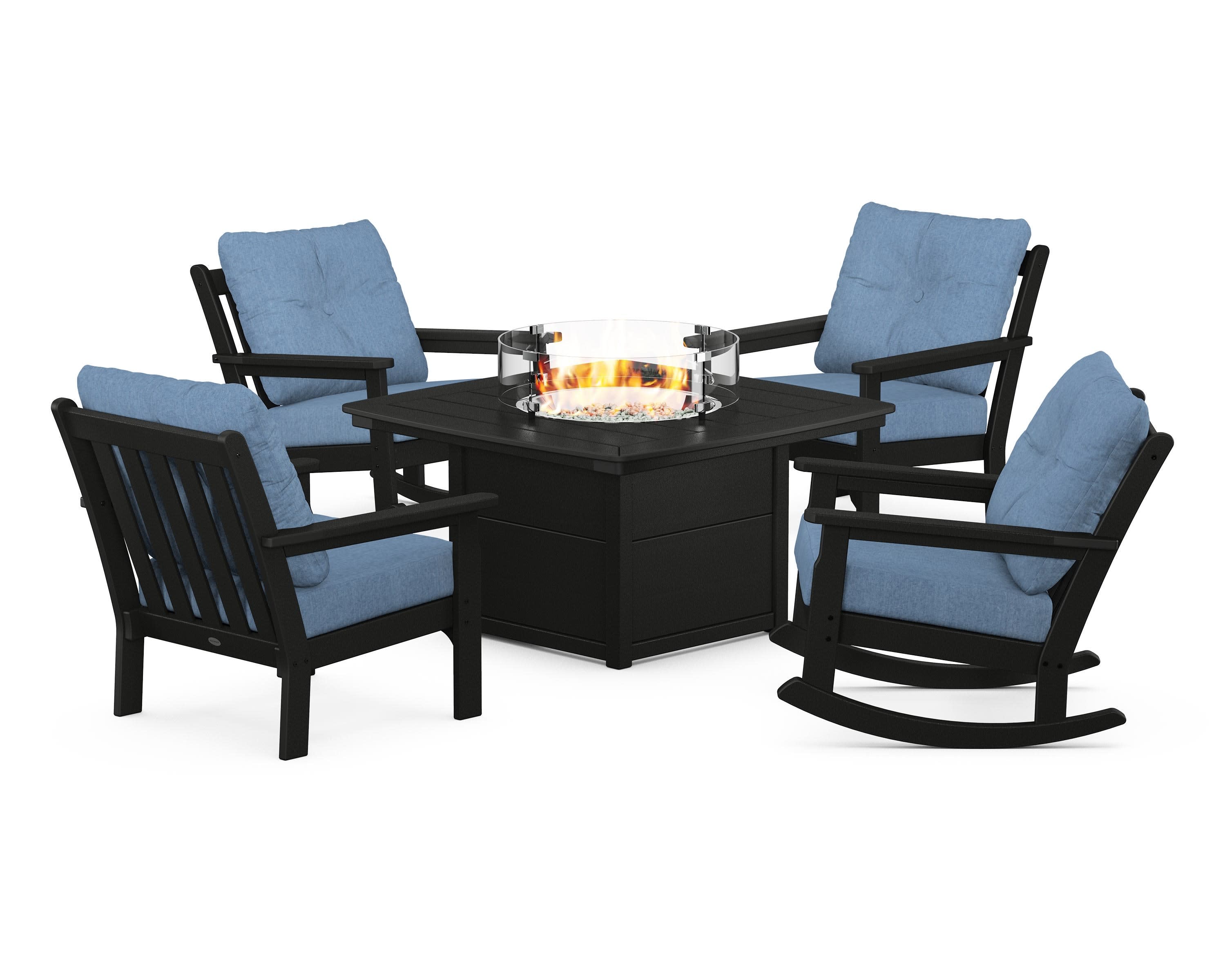 Vineyard 5-Piece Deep Seating Rocking Chair Conversation Set with Fire Pit Table in Black / Sky Blue
