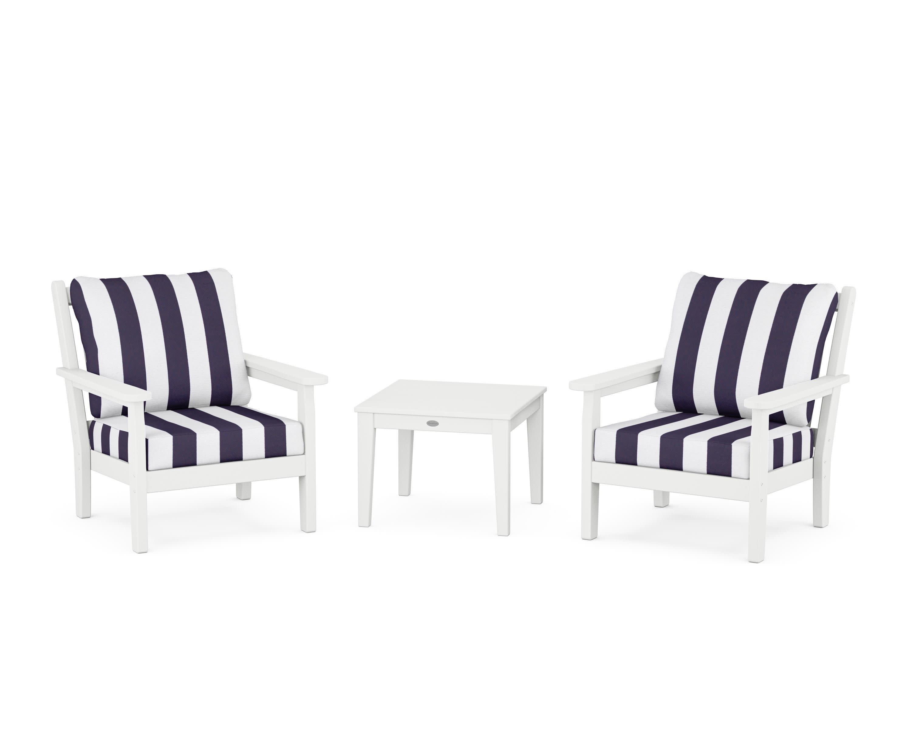 Chippendale 3-Piece Deep Seating Set in White / Cabana Stripe Navy