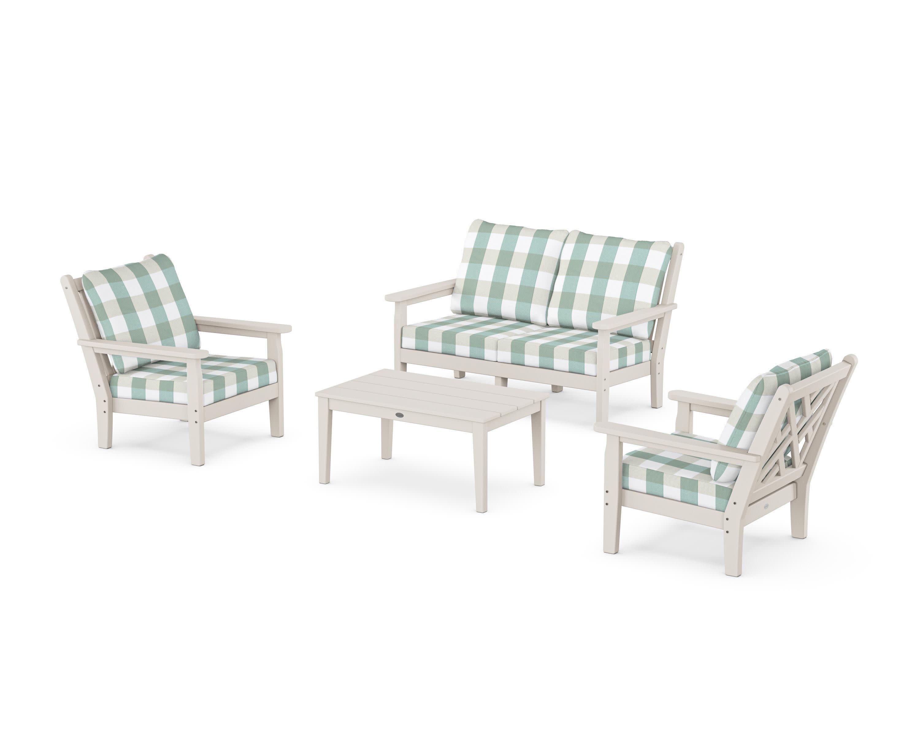Chippendale 4-Piece Deep Seating Set with Loveseat in Sand / Buffalo Plaid Glacier Spa
