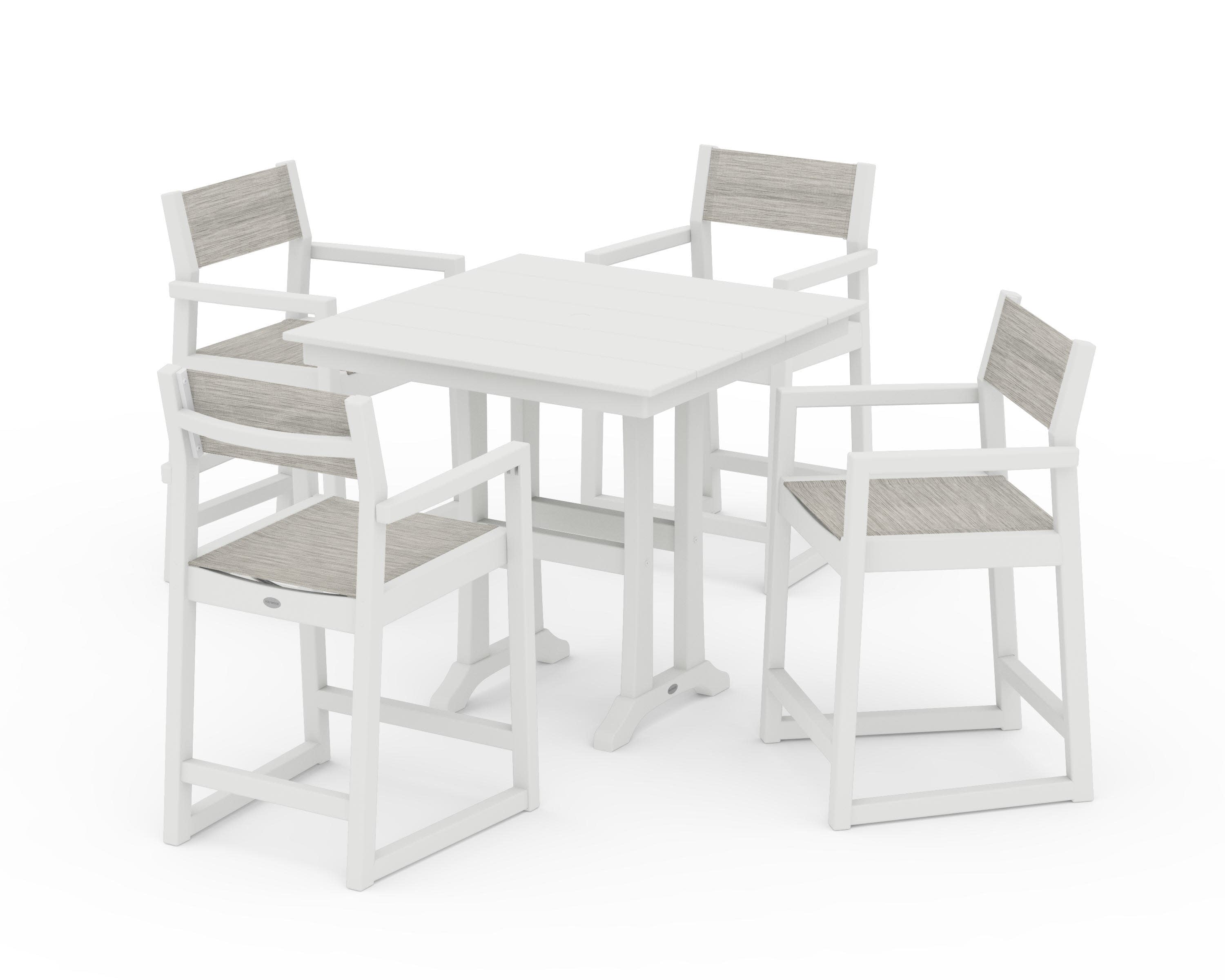 EDGE Sling Arm Chair 5-Piece Farmhouse Counter Set with Trestle Legs in Vintage White / Birch Sling