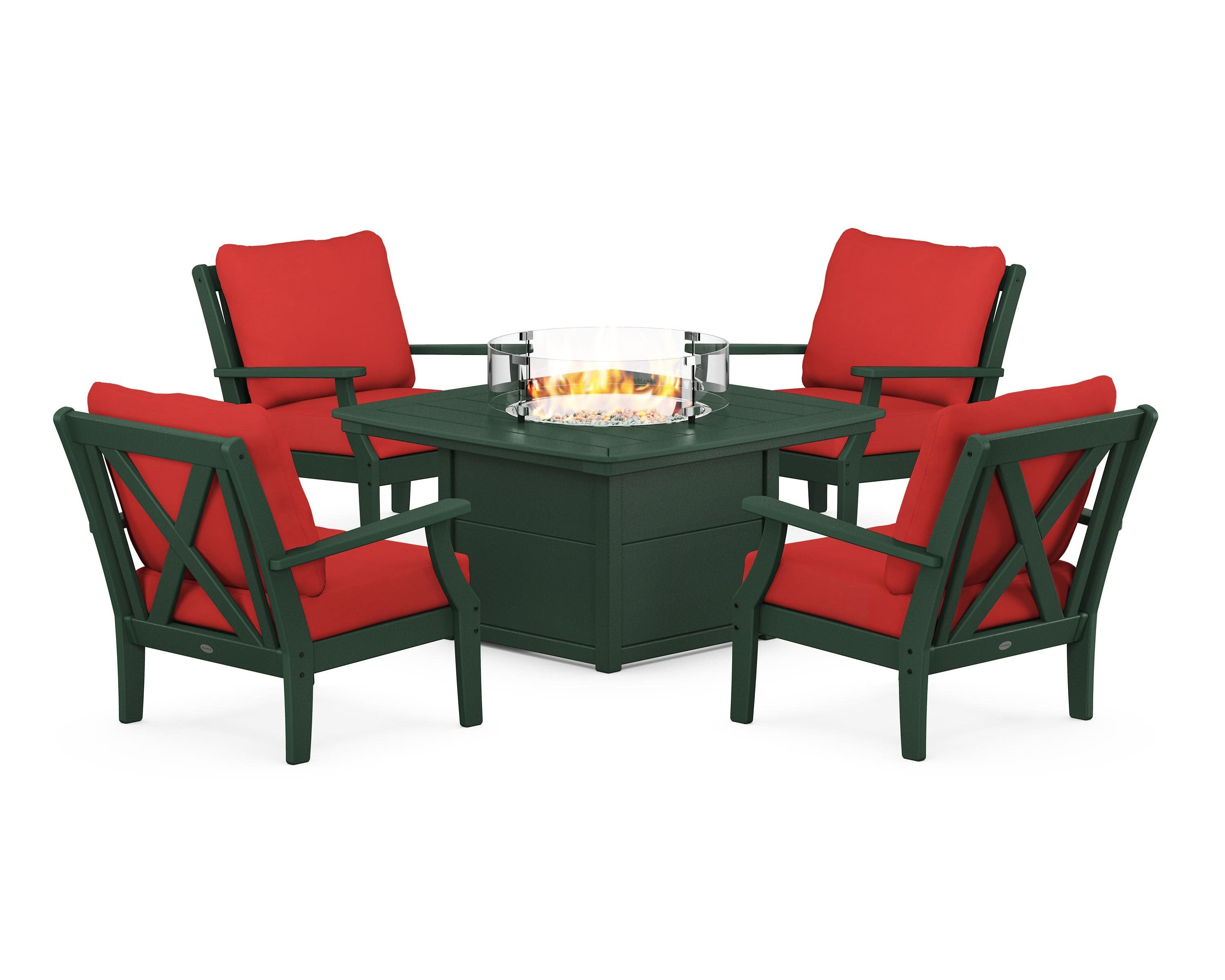 Braxton 5-Piece Deep Seating Conversation Set with Fire Pit Table in Green / Crimson Linen