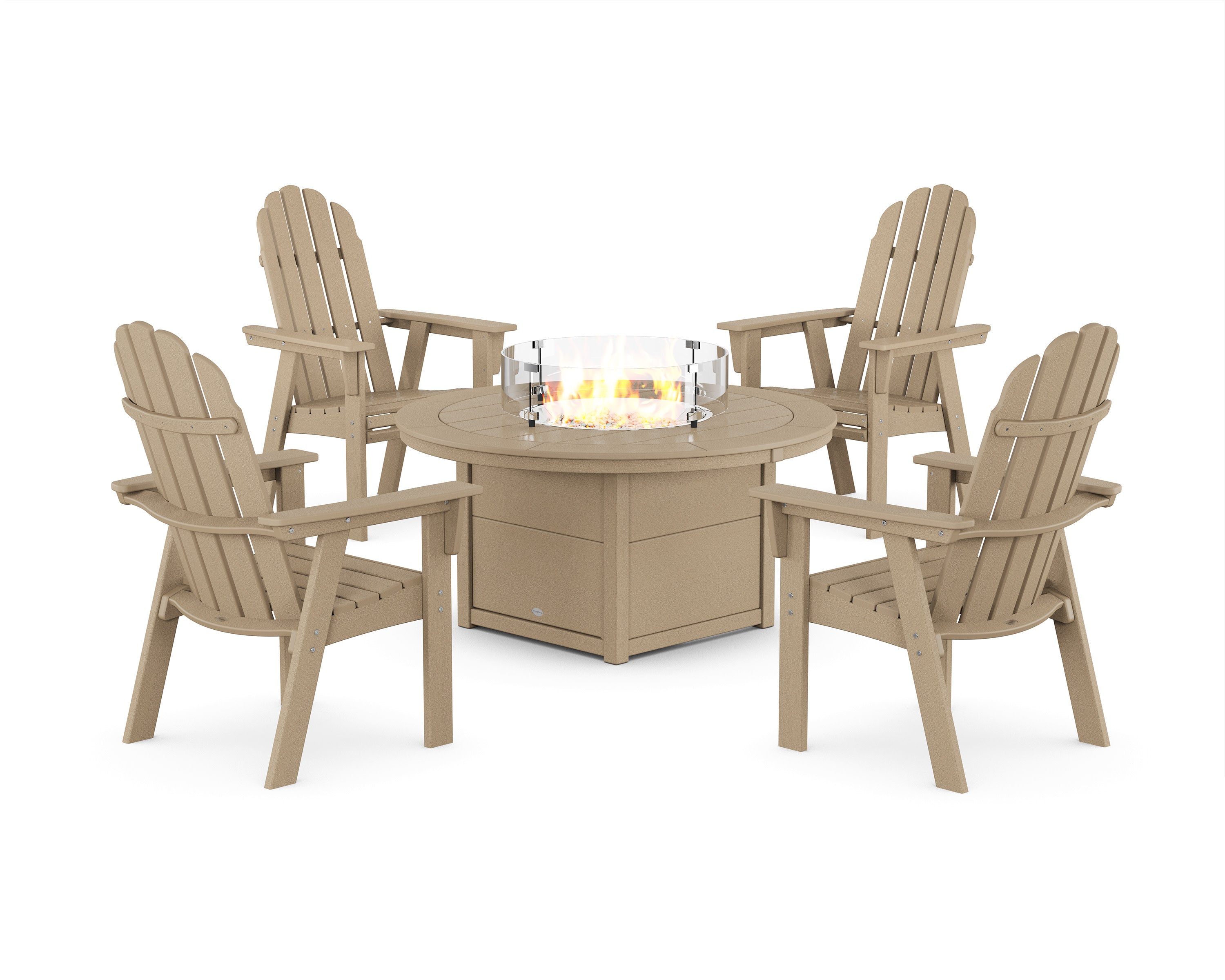 Vineyard 4-Piece Curveback Upright Adirondack Conversation Set with Fire Pit Table in Vintage Sahara