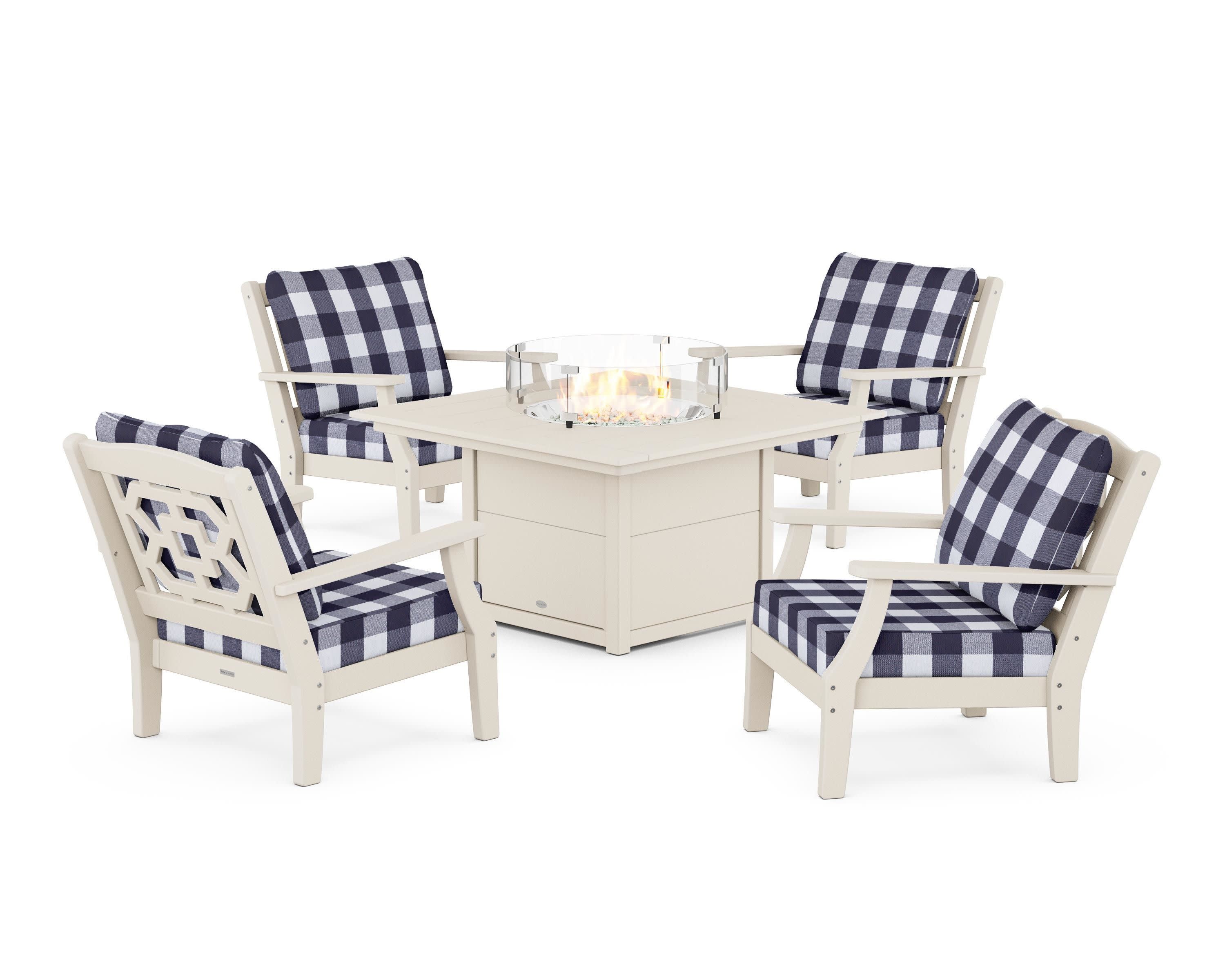 Chinoiserie 5-Piece Deep Seating Set with Fire Pit Table in Sand / Buffalo Plaid Navy