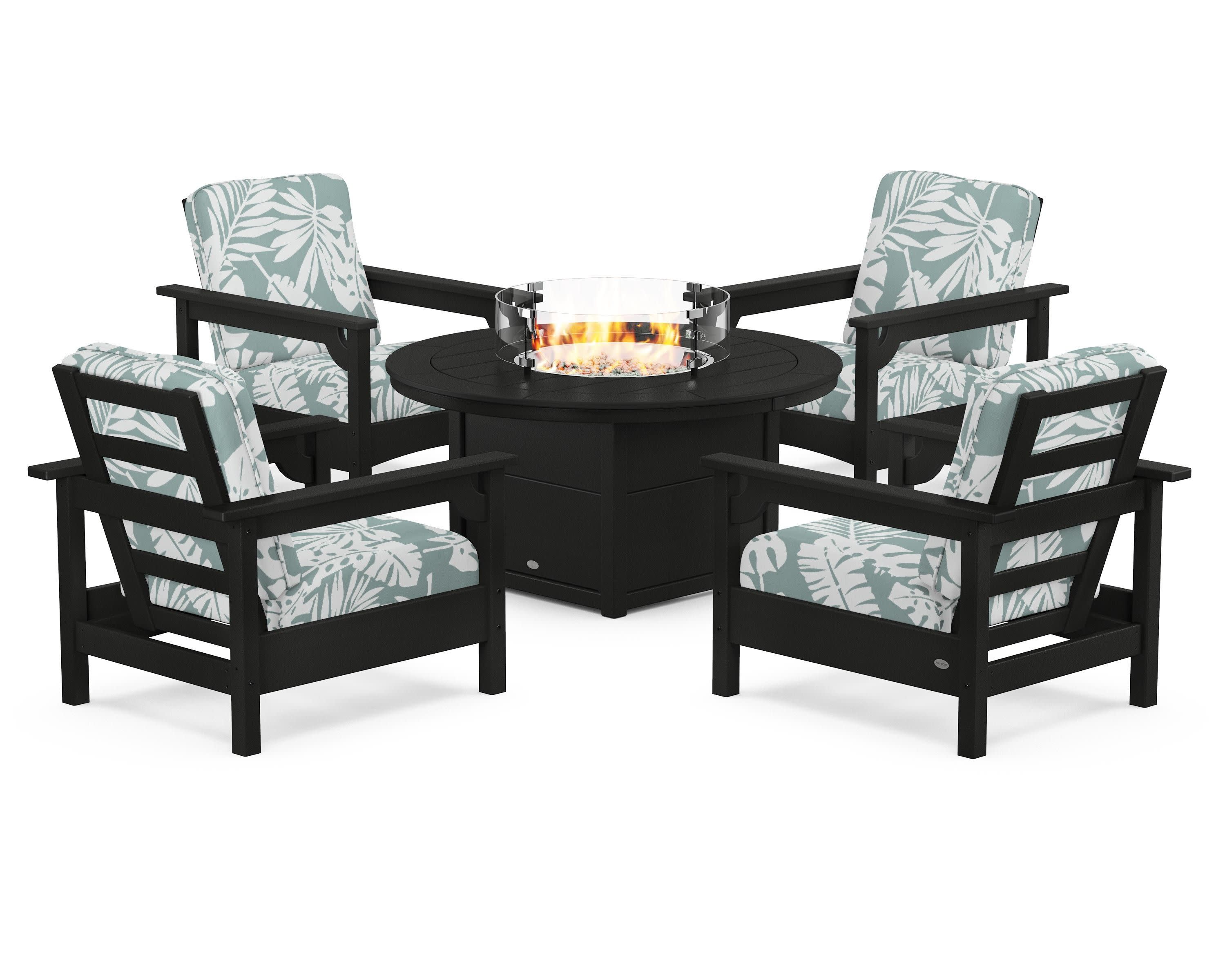 Club 5-Piece Conversation Set with Fire Pit Table in Black / Leaf Glacier Spa