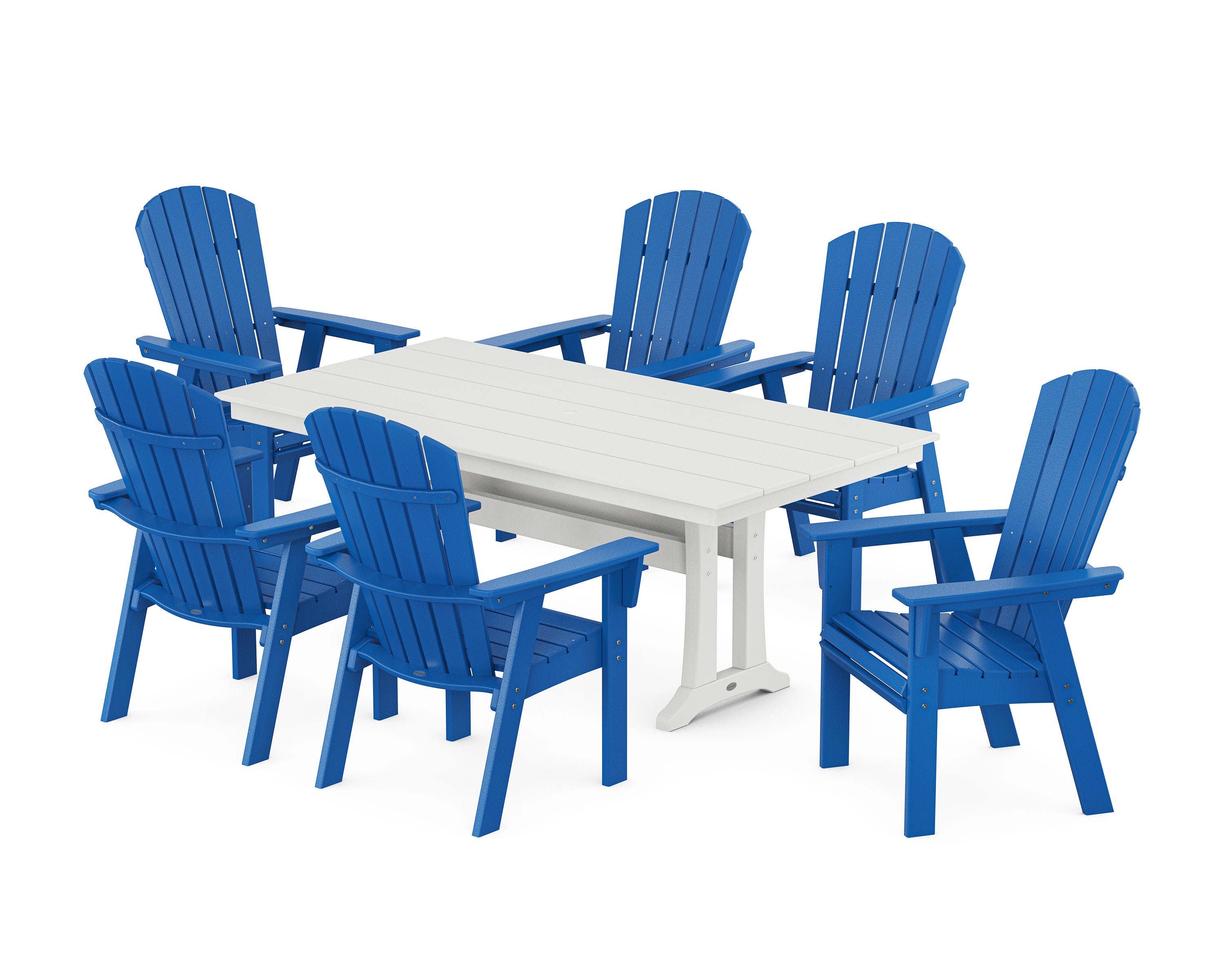 Nautical Curveback Adirondack 7-Piece Farmhouse Dining Set with Trestle Legs in Pacific Blue / White