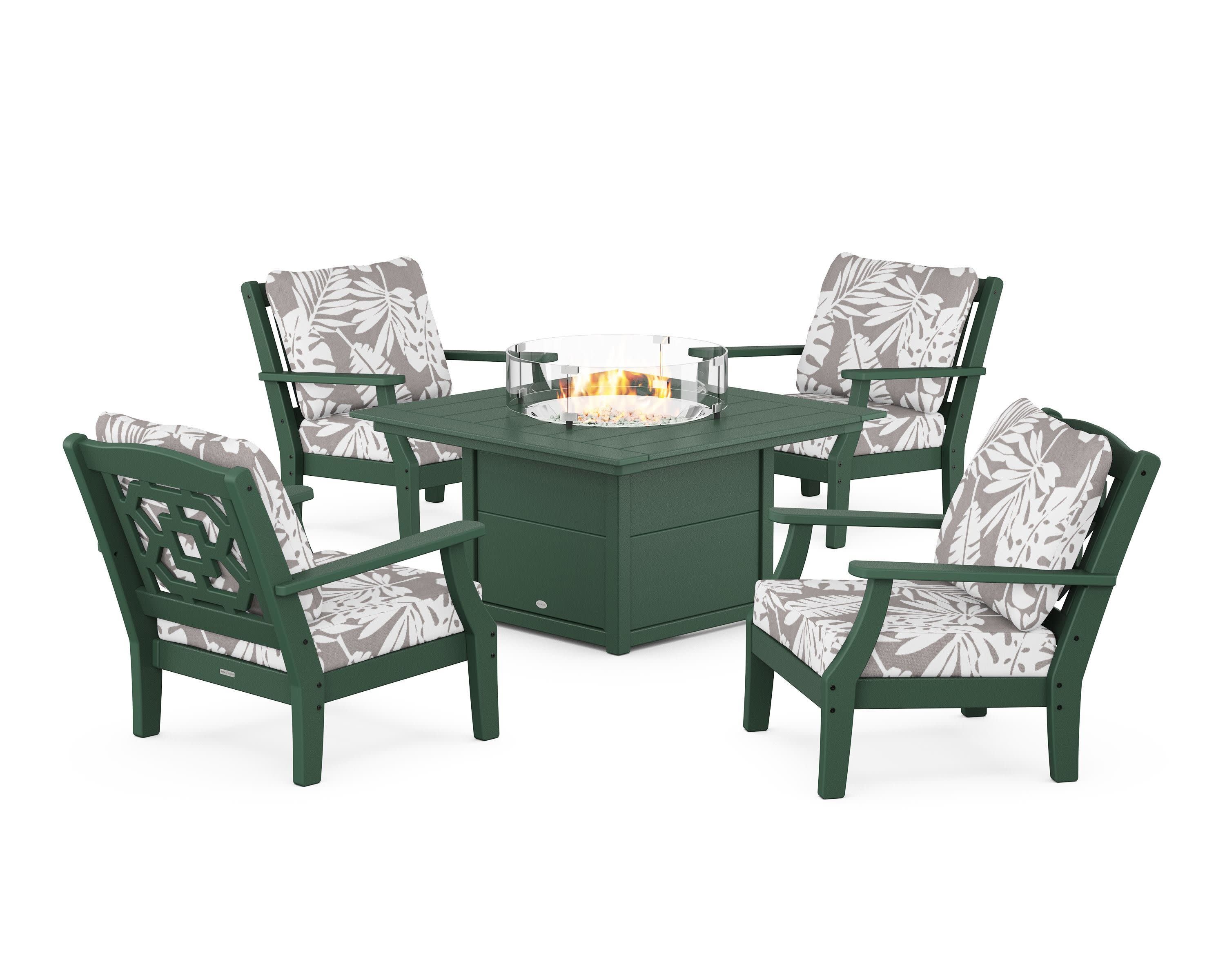 Chinoiserie 5-Piece Deep Seating Set with Fire Pit Table in Green / Leaf Grey Mist