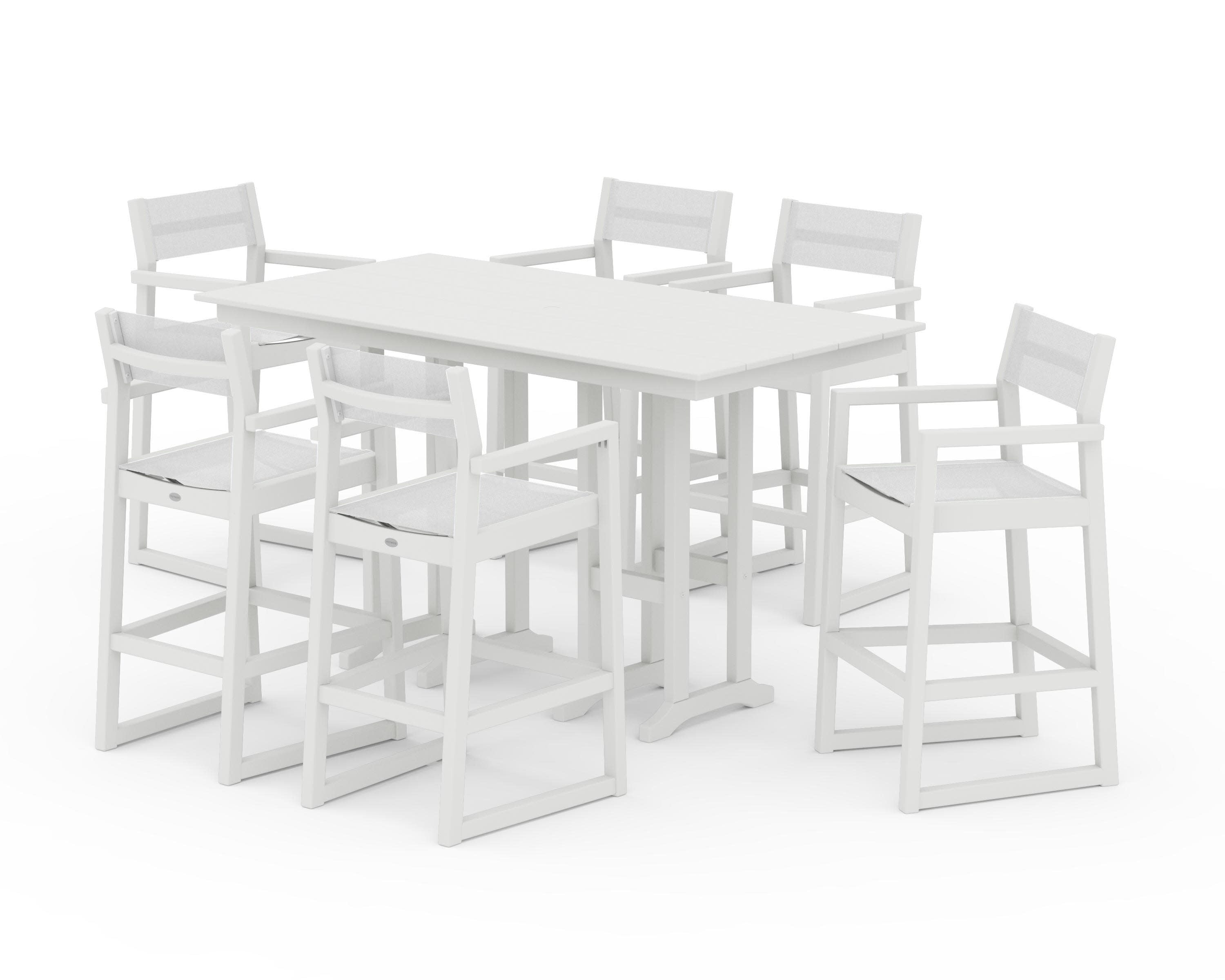 EDGE Sling Arm Chair 7-Piece Farmhouse Bar Set in Vintage White / White Sling