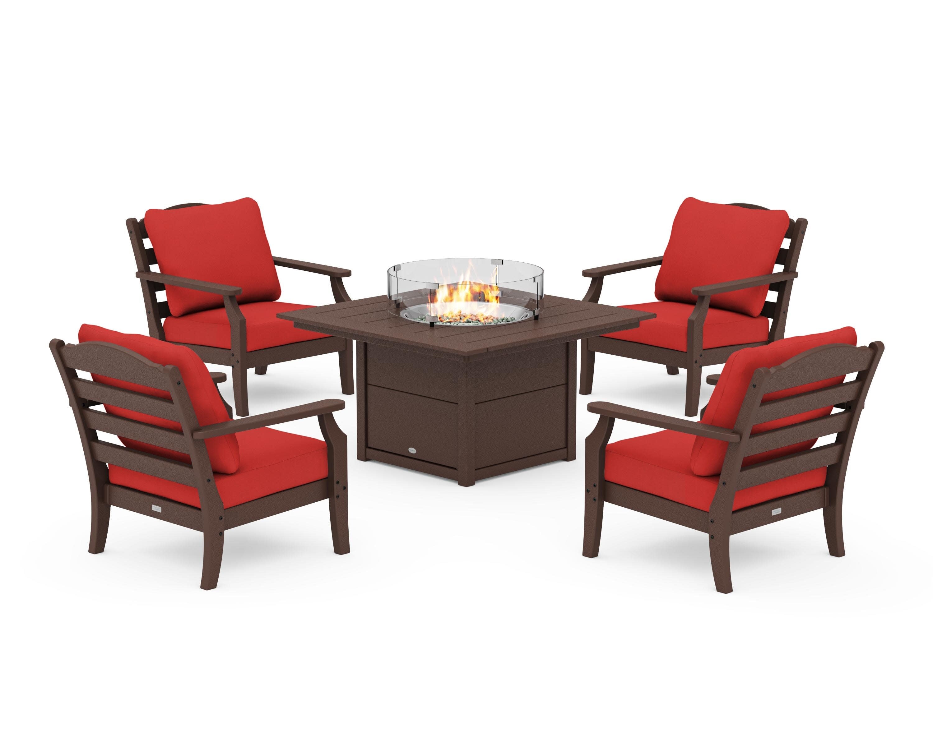 Savannah 5-Piece Deep Seating Set with Fire Pit Table in Mahogany / Crimson Linen