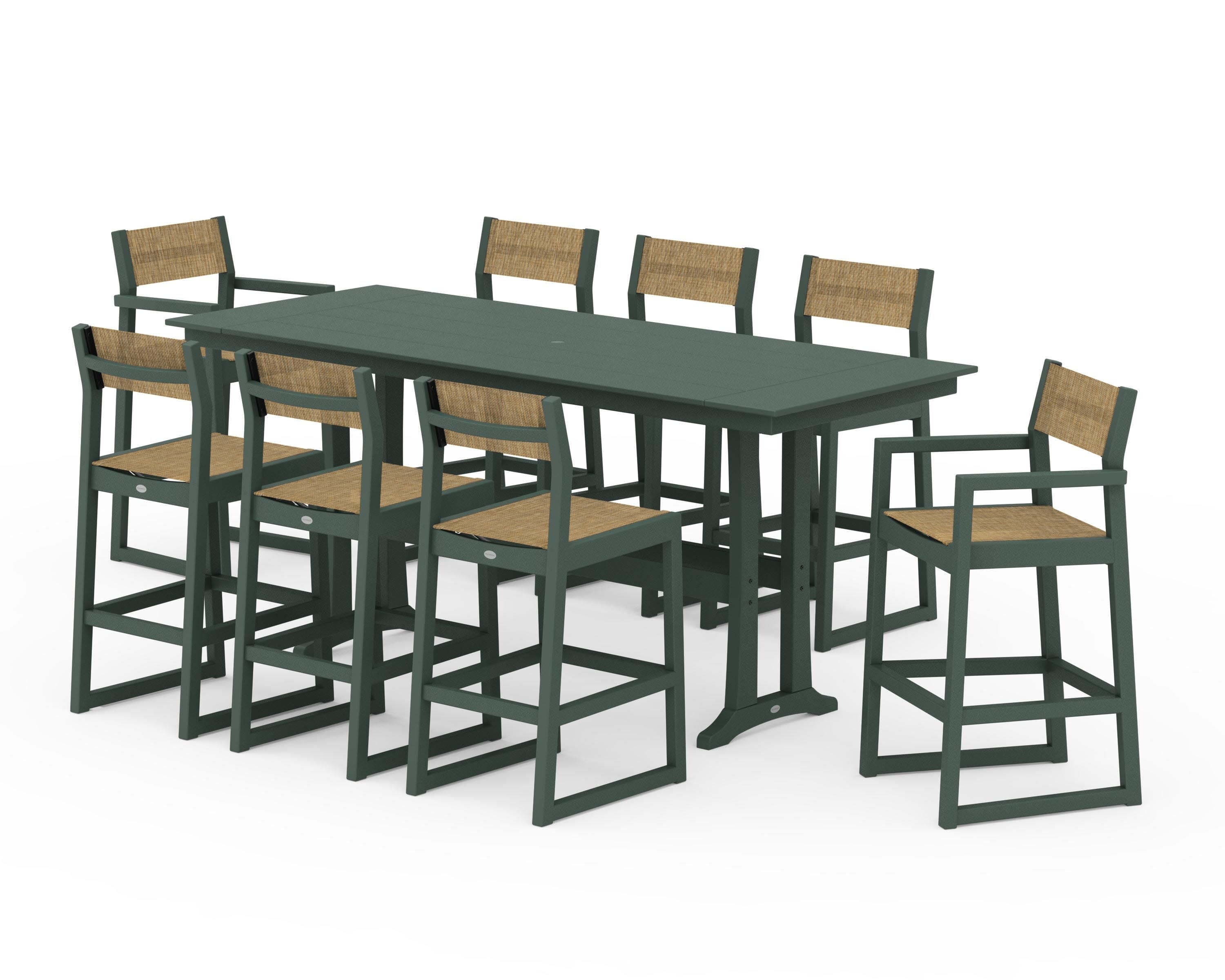 EDGE Sling 9-Piece Farmhouse Bar Set with Trestle Legs in Green / Burlap Sling