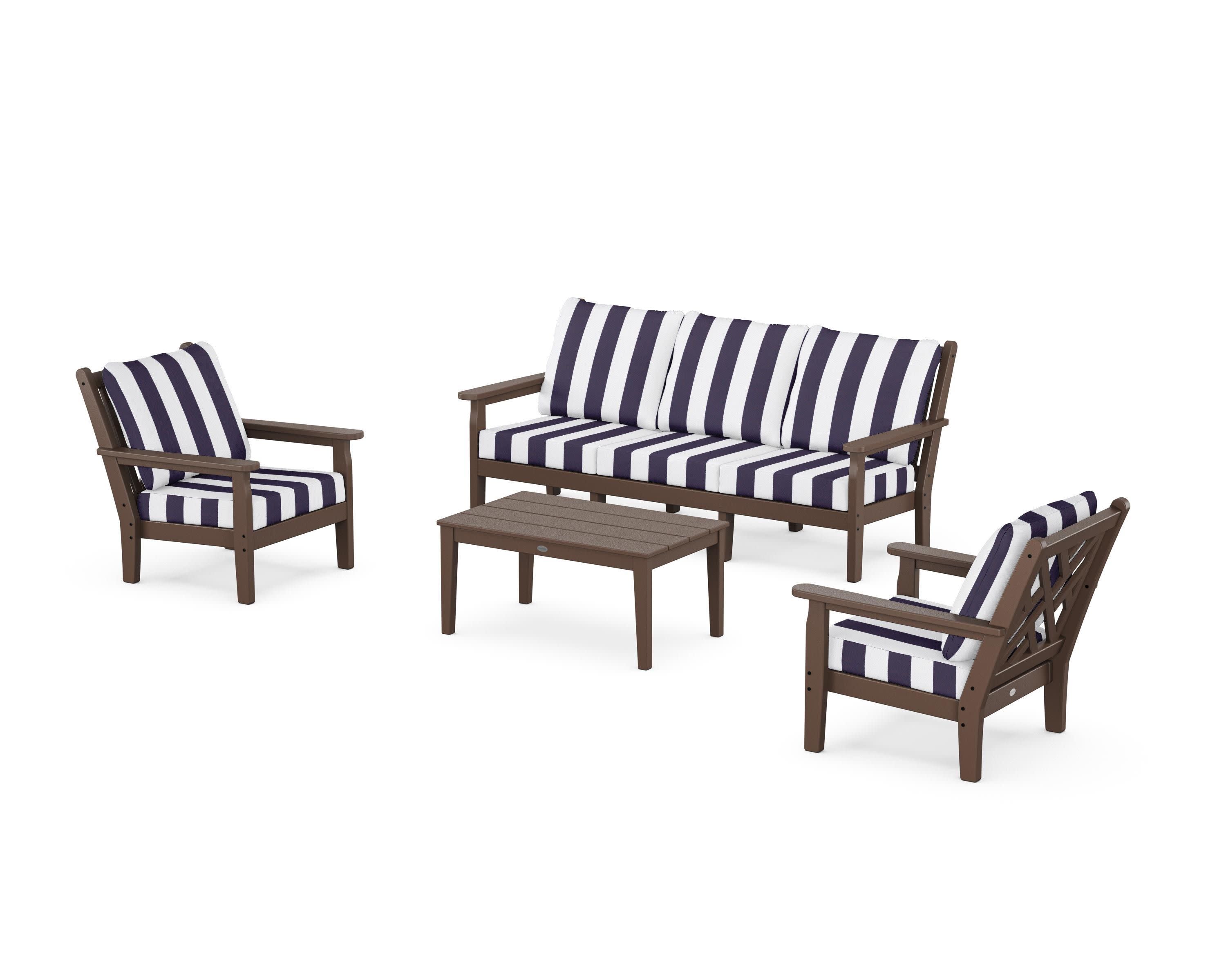Chippendale 4-Piece Deep Seating Set with Sofa in Mahogany / Cabana Stripe Navy
