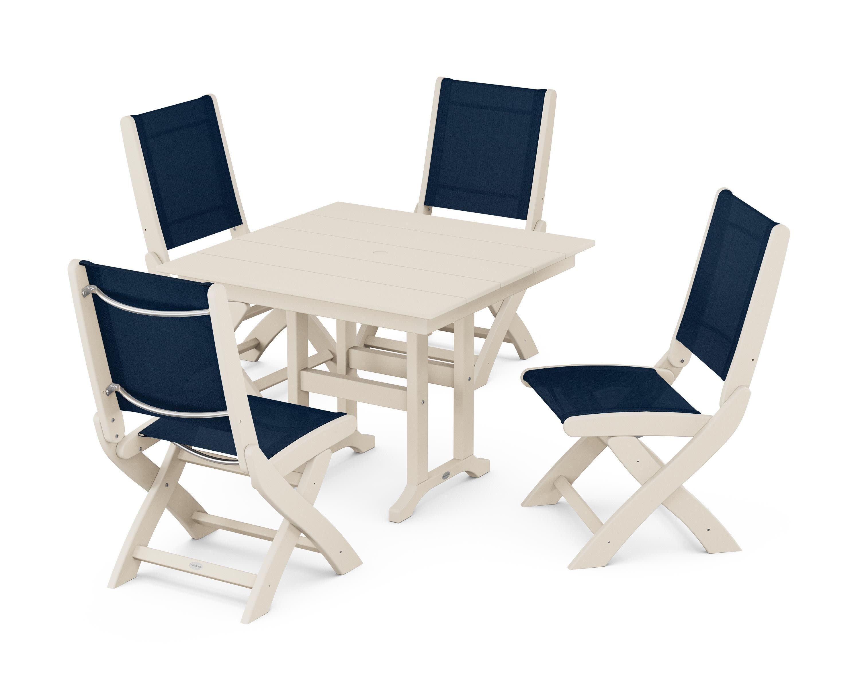 Coastal Folding Side Chair 5-Piece Farmhouse Dining Set in Sand / Navy Blue Sling