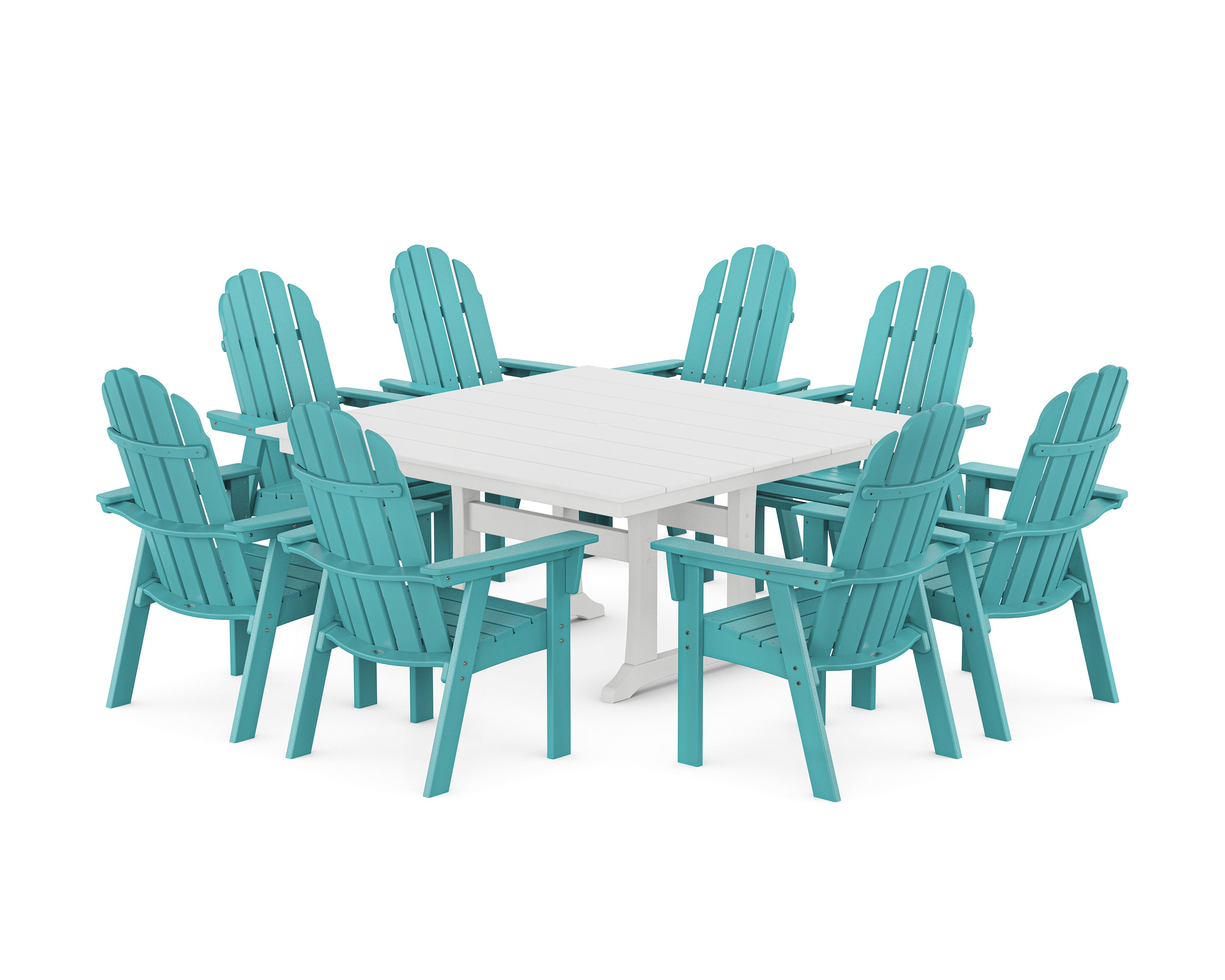 Vineyard Curveback Adirondack 9-Piece Square Farmhouse Dining Set with Trestle Legs in Aruba / White