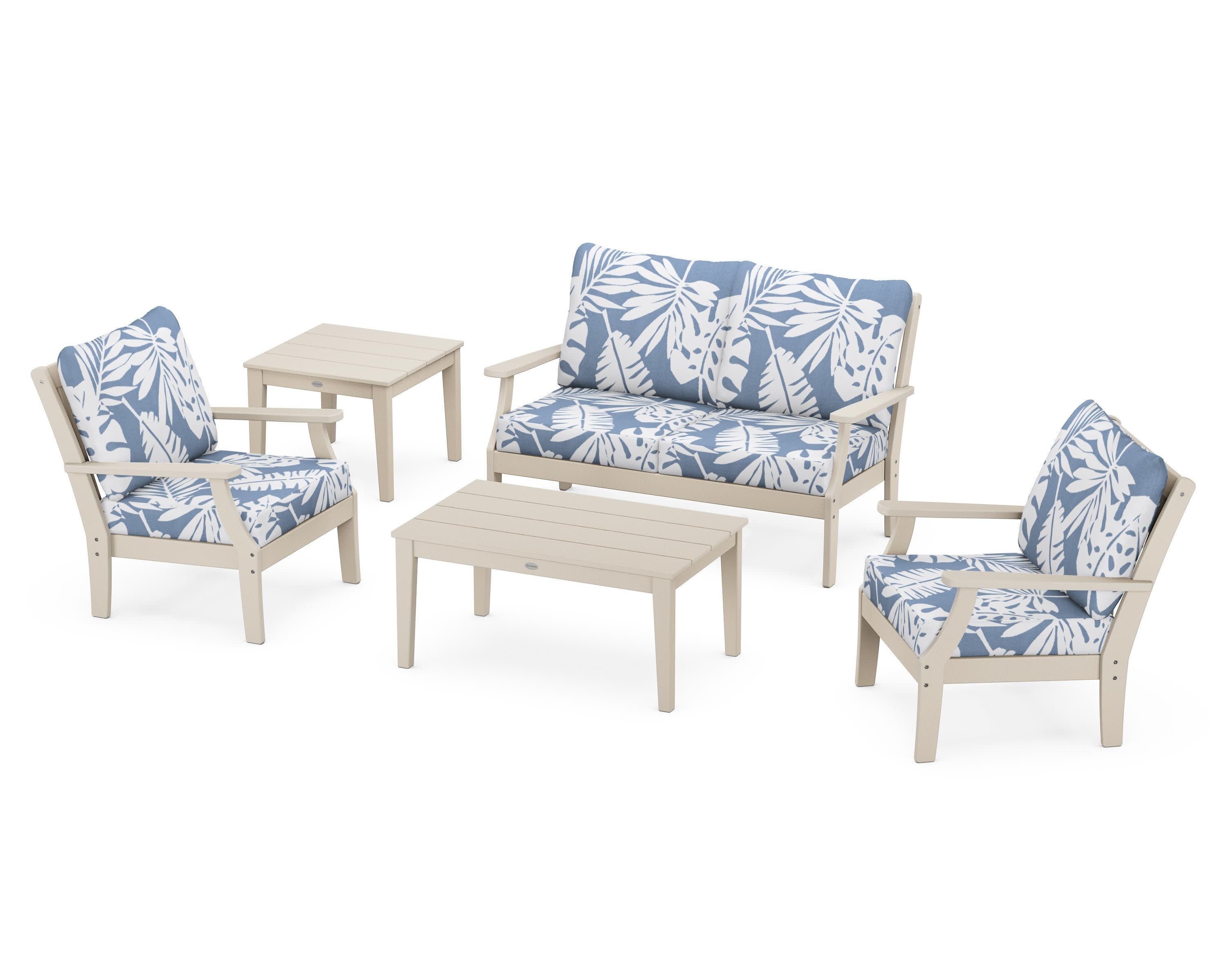 Braxton 5-Piece Deep Seating Set in Sand / Leaf Sky Blue