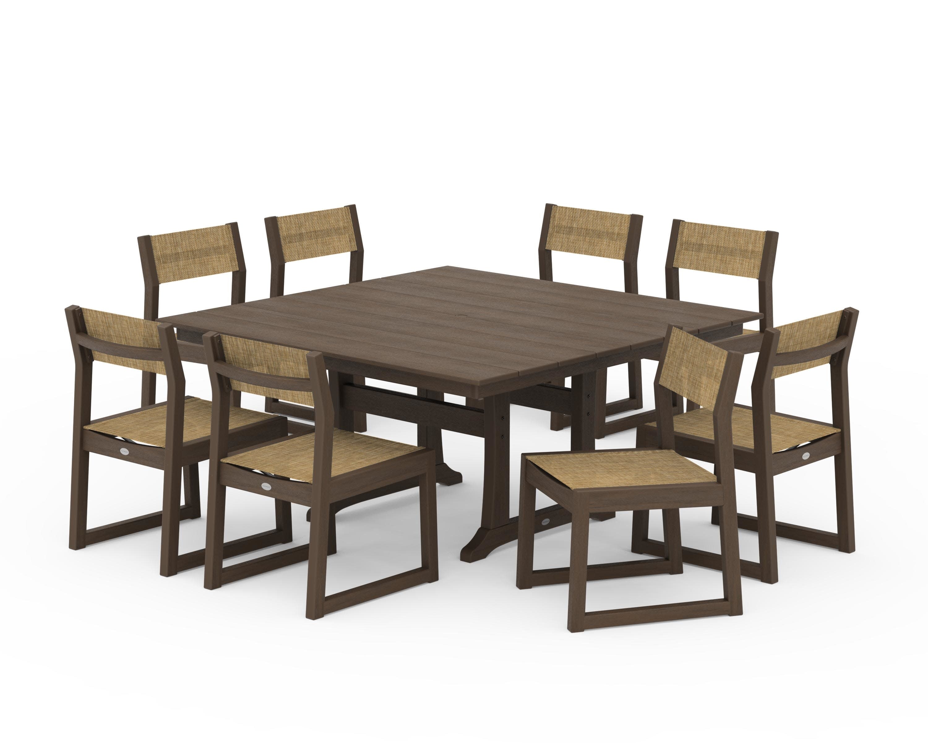 EDGE Sling Side Chair 9-Piece Farmhouse Trestle Dining Set in Kona / Burlap Sling
