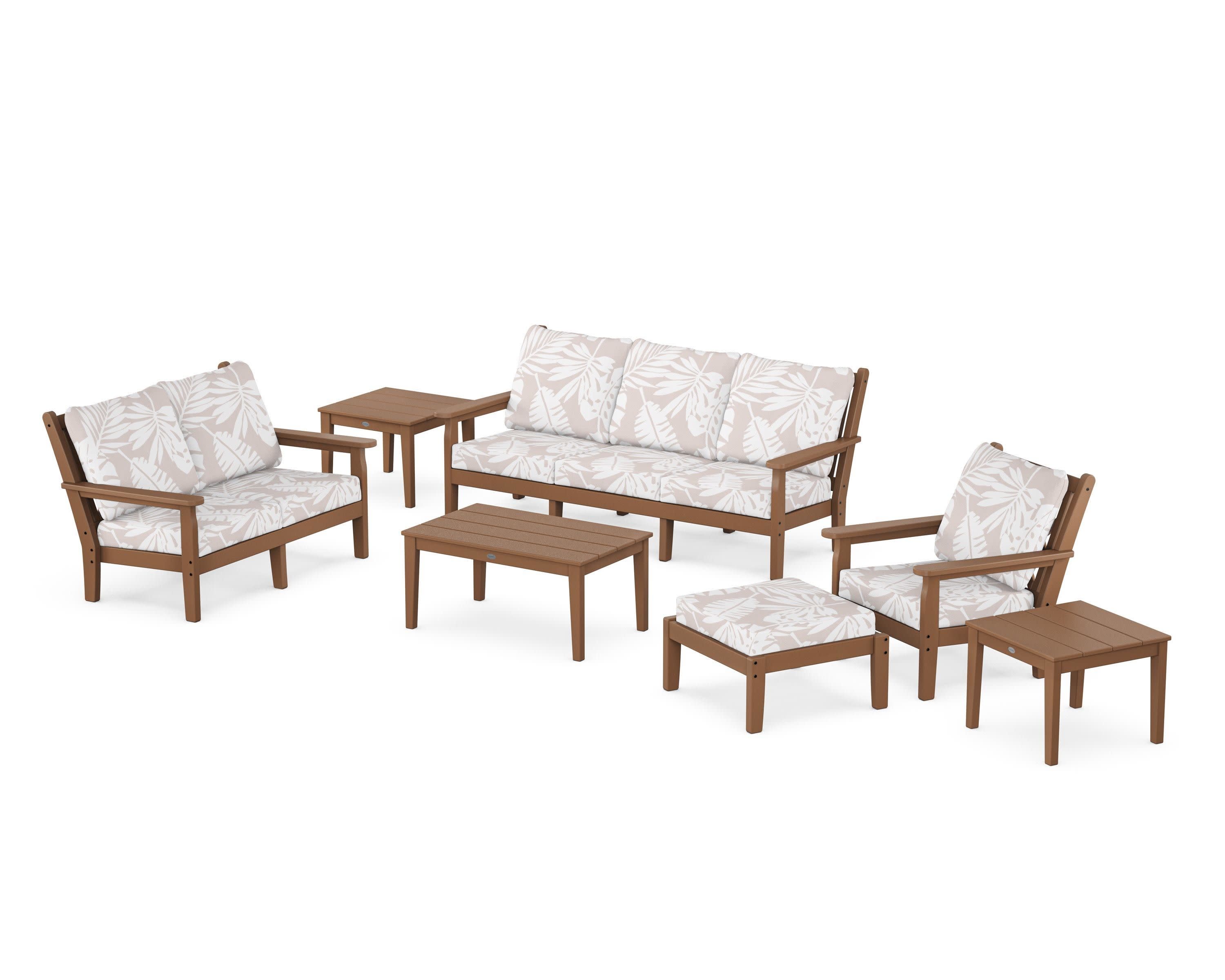 Chippendale 7-Piece Deep Seating Set in Teak / Leaf Dune Burlap