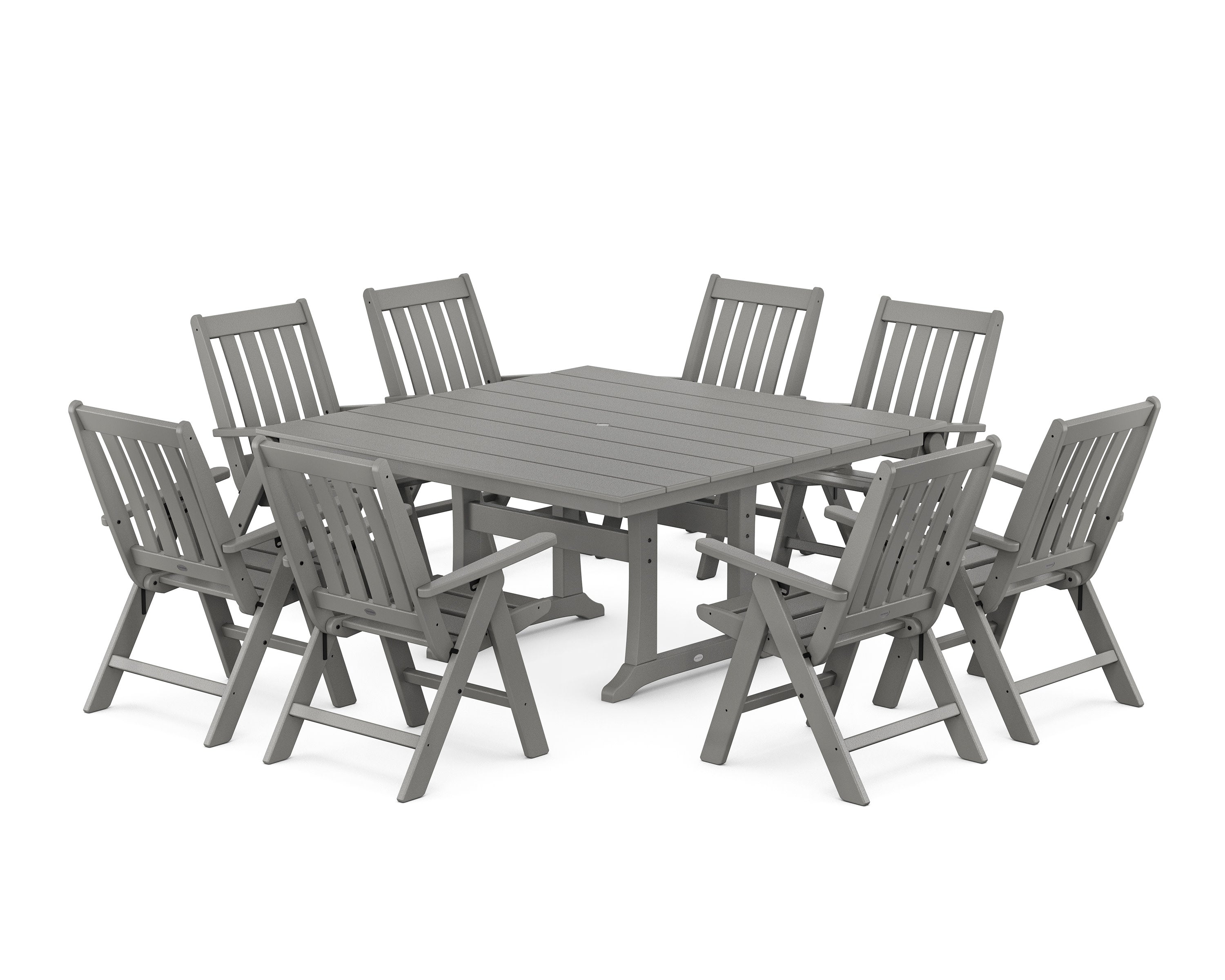 Vineyard Folding Chair 9-Piece Square Farmhouse Dining Set with Trestle Legs in Slate Grey