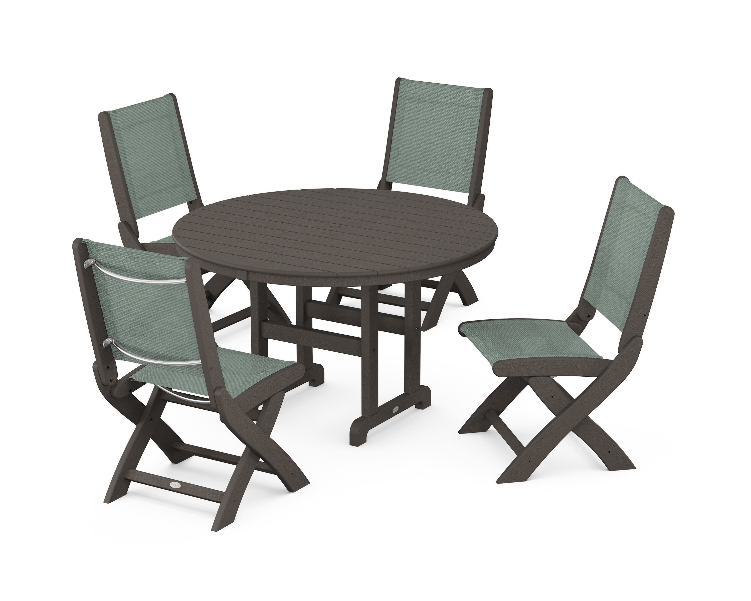 Coastal Folding Side Chair 5-Piece Round Dining Set in Vintage Coffee / Dupioni Sea Mist Sling