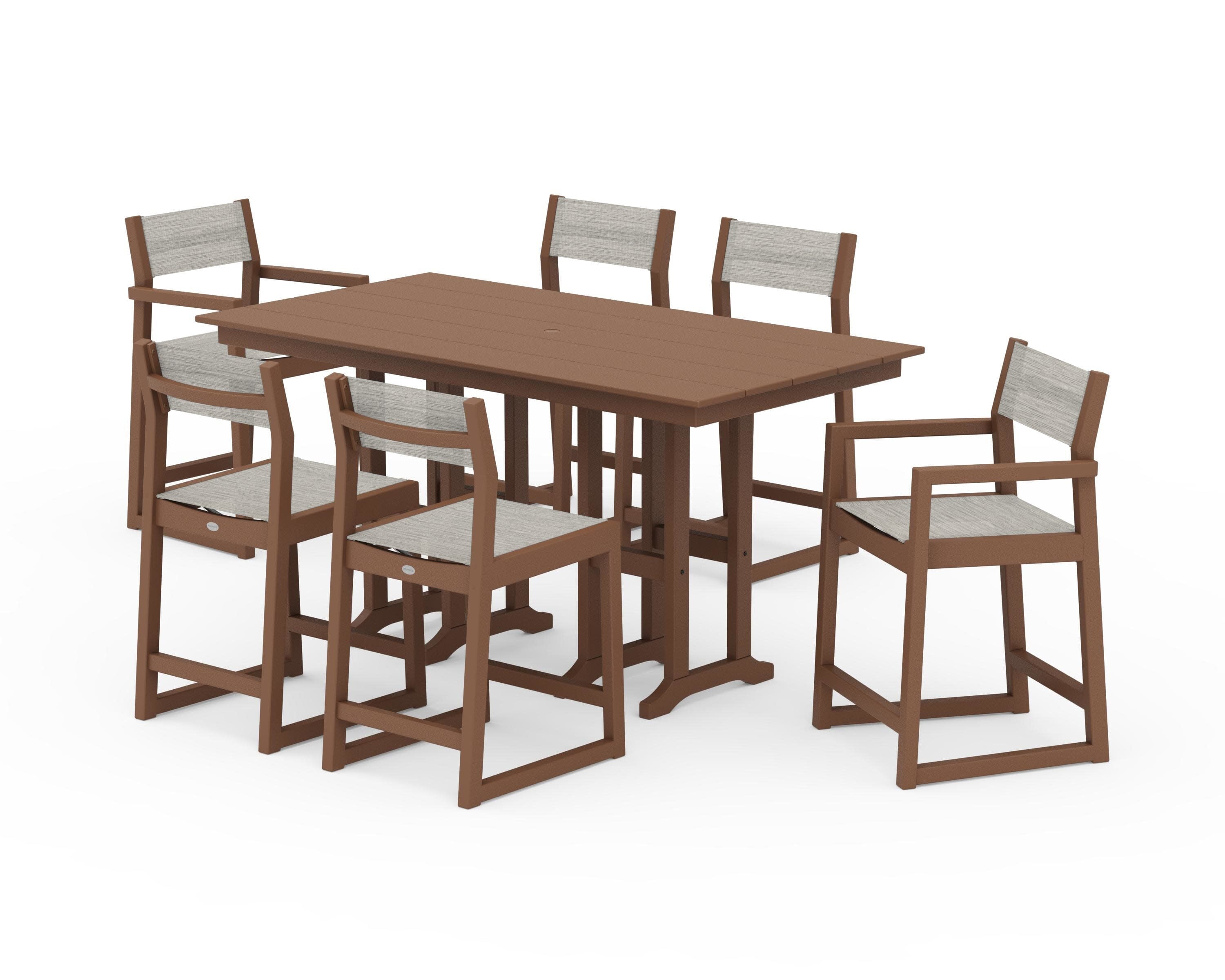 EDGE Sling 7-Piece Farmhouse Counter Set with Trestle Legs in Teak / Birch Sling