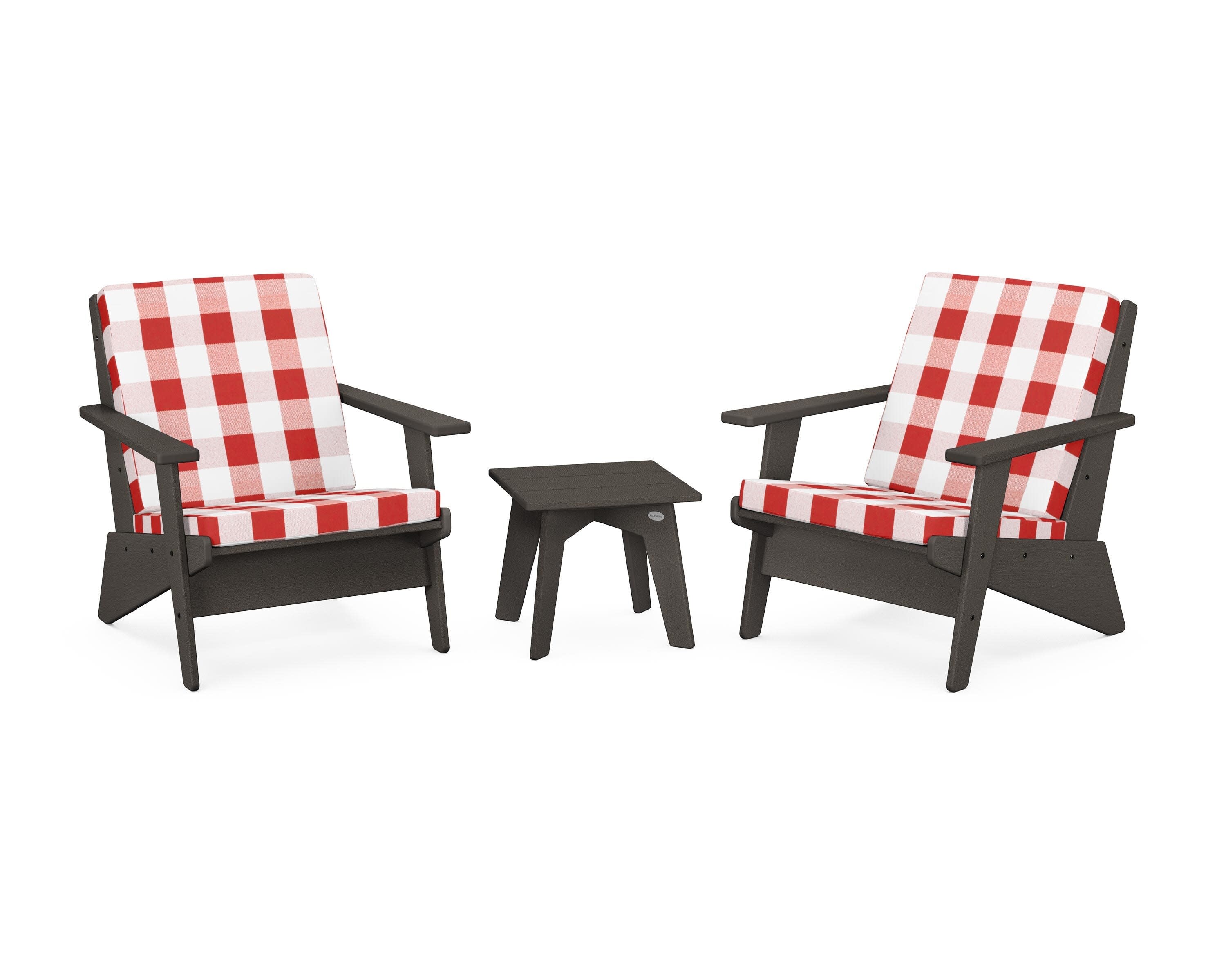 Riviera Modern Lounge 3-Piece Set in Vintage Coffee / Buffalo Plaid Crimson