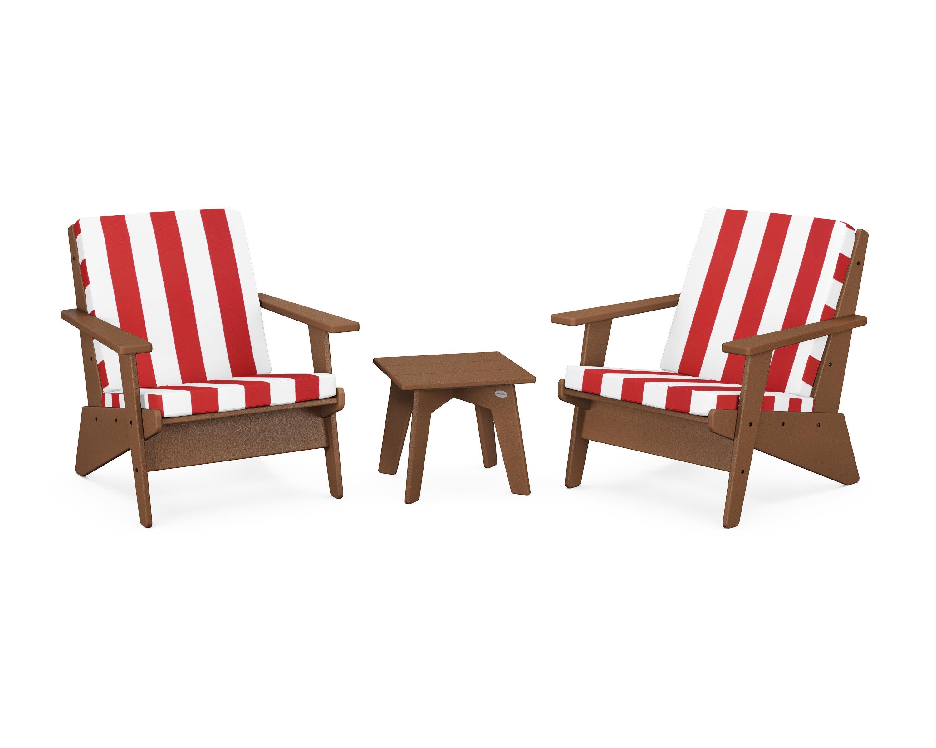 Riviera Modern Lounge 3-Piece Set in Teak / Cabana Stripe Crimson