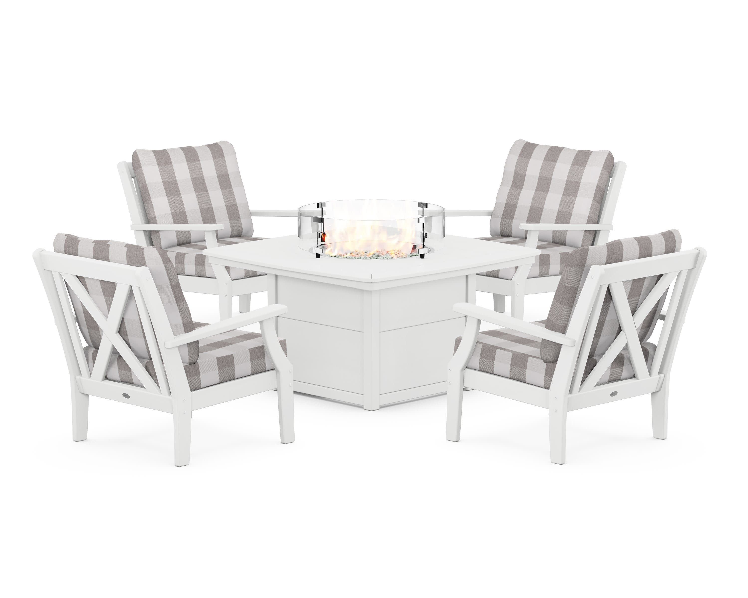 Braxton 5-Piece Deep Seating Conversation Set with Fire Pit Table in White / Buffalo Plaid Grey Mist