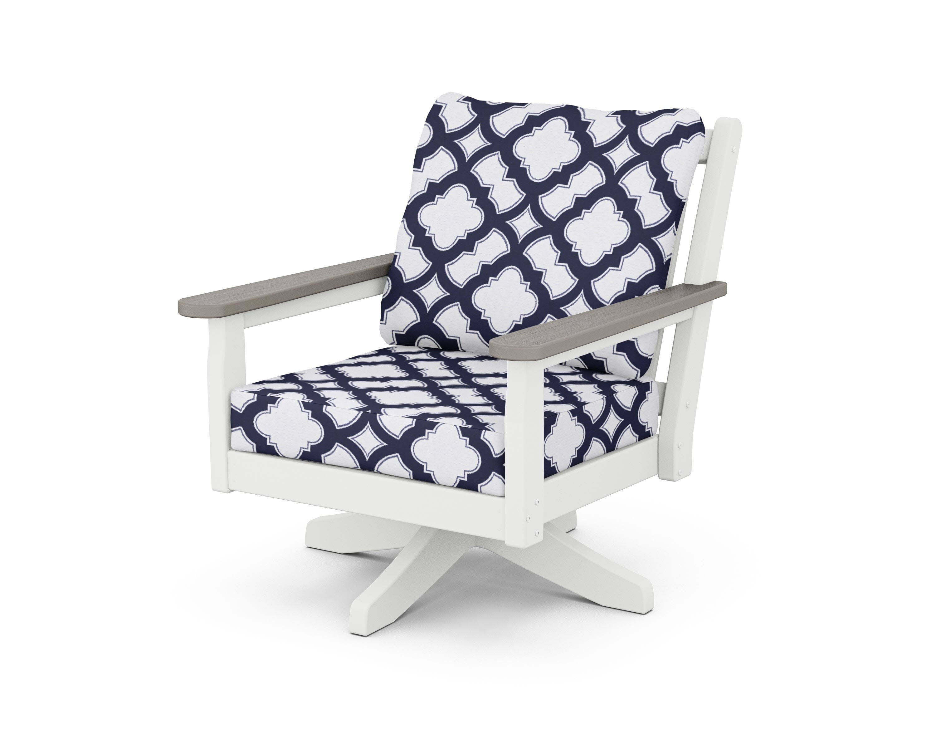 Chippendale Deep Seating Swivel Chair in White / Driftwood / Trellis Navy