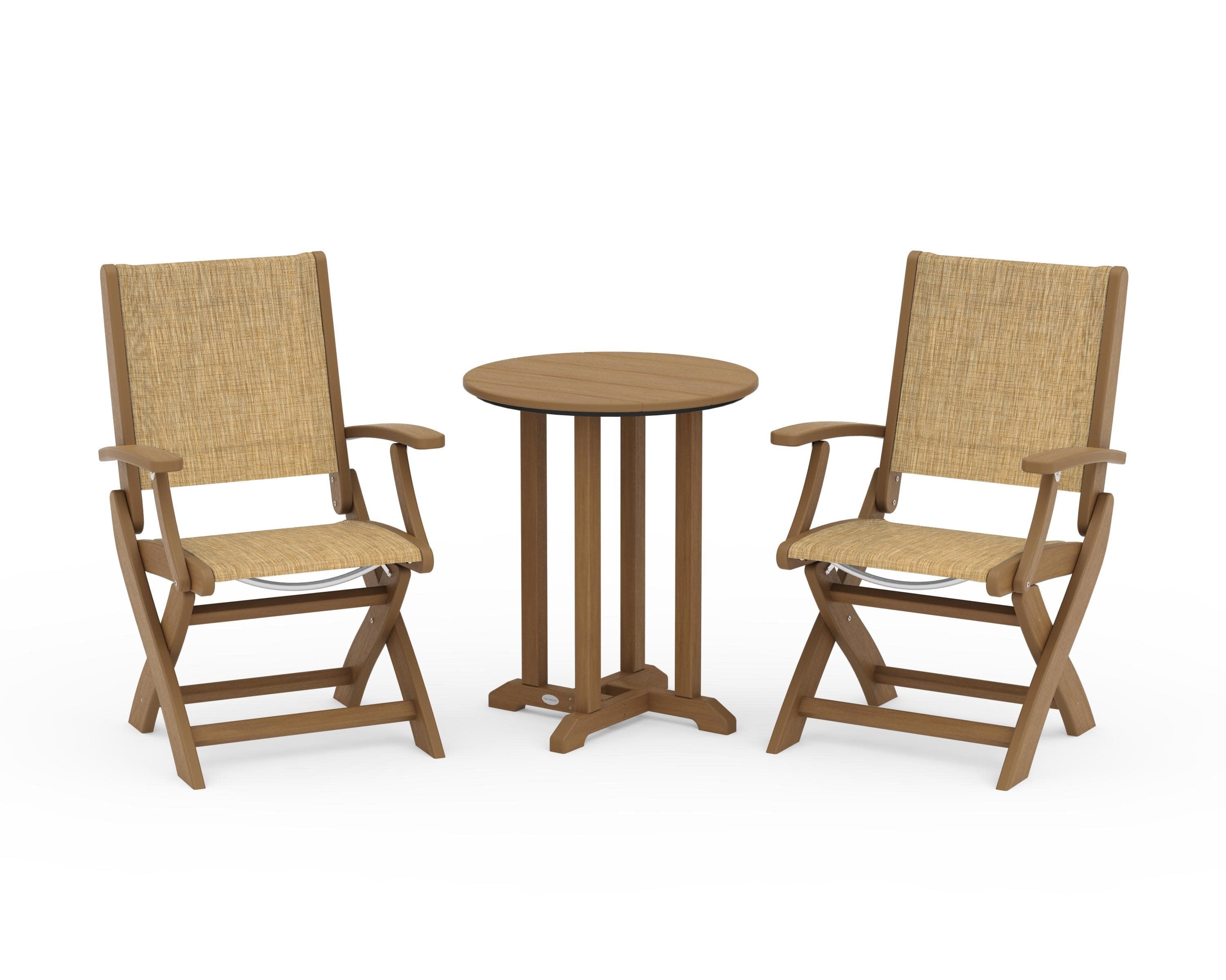 Coastal Folding 3-Piece Round Bistro Dining Set in Natural / Burlap Sling