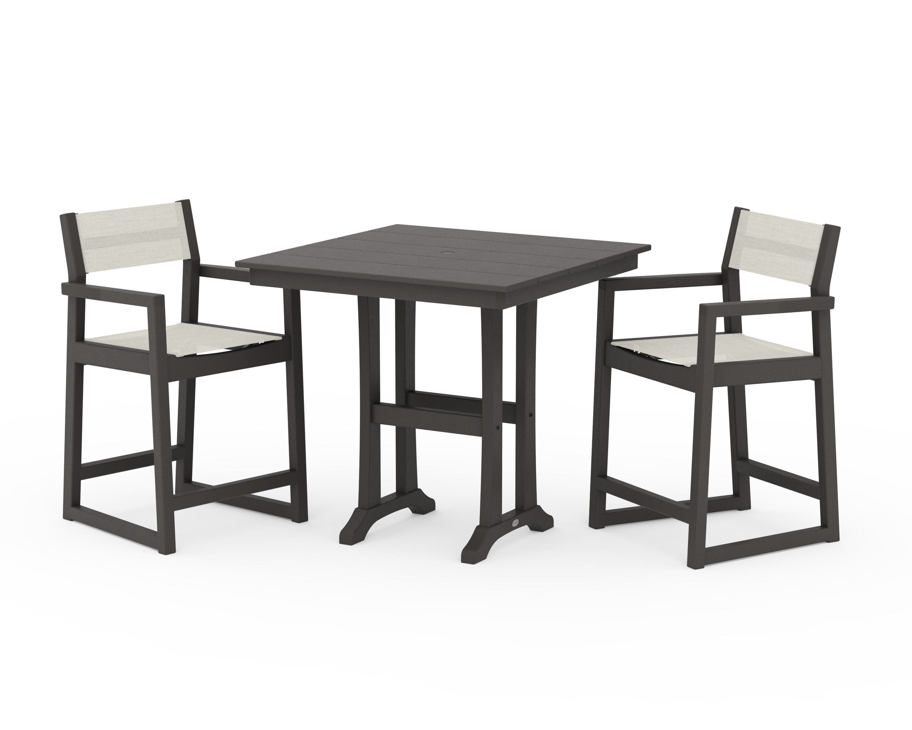 EDGE Sling Arm Chair 3-Piece Farmhouse Counter Set with Trestle Legs in Vintage Coffee / Parchment Sling
