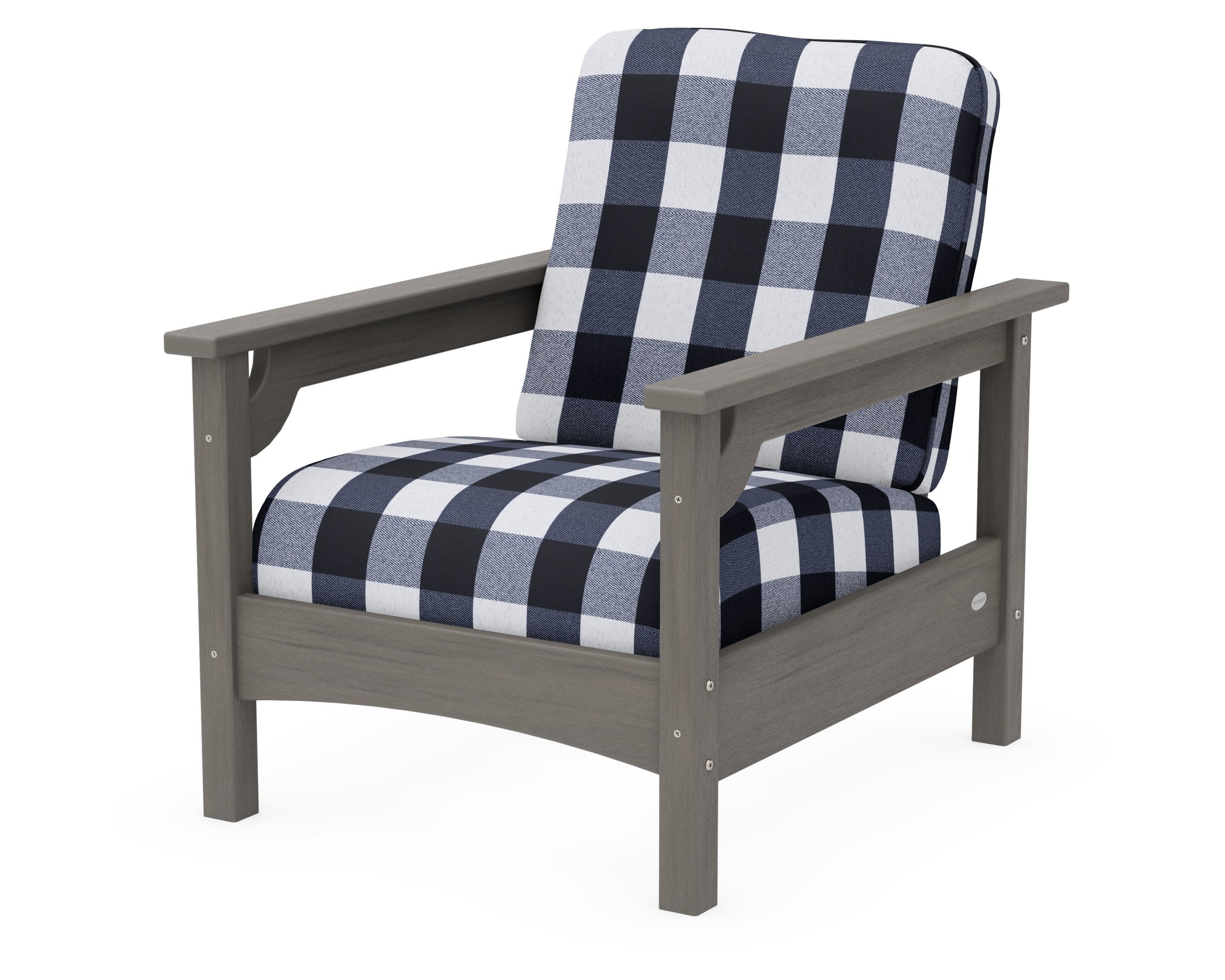 Club Chair in Driftwood / Buffalo Plaid Marine Indigo