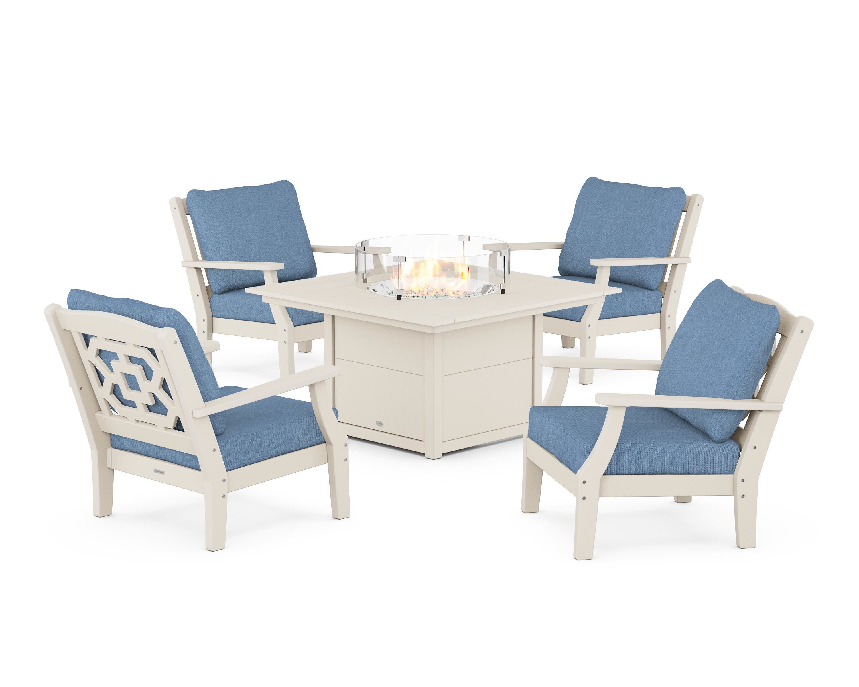 Chinoiserie 5-Piece Deep Seating Set with Fire Pit Table in Sand / Sky Blue
