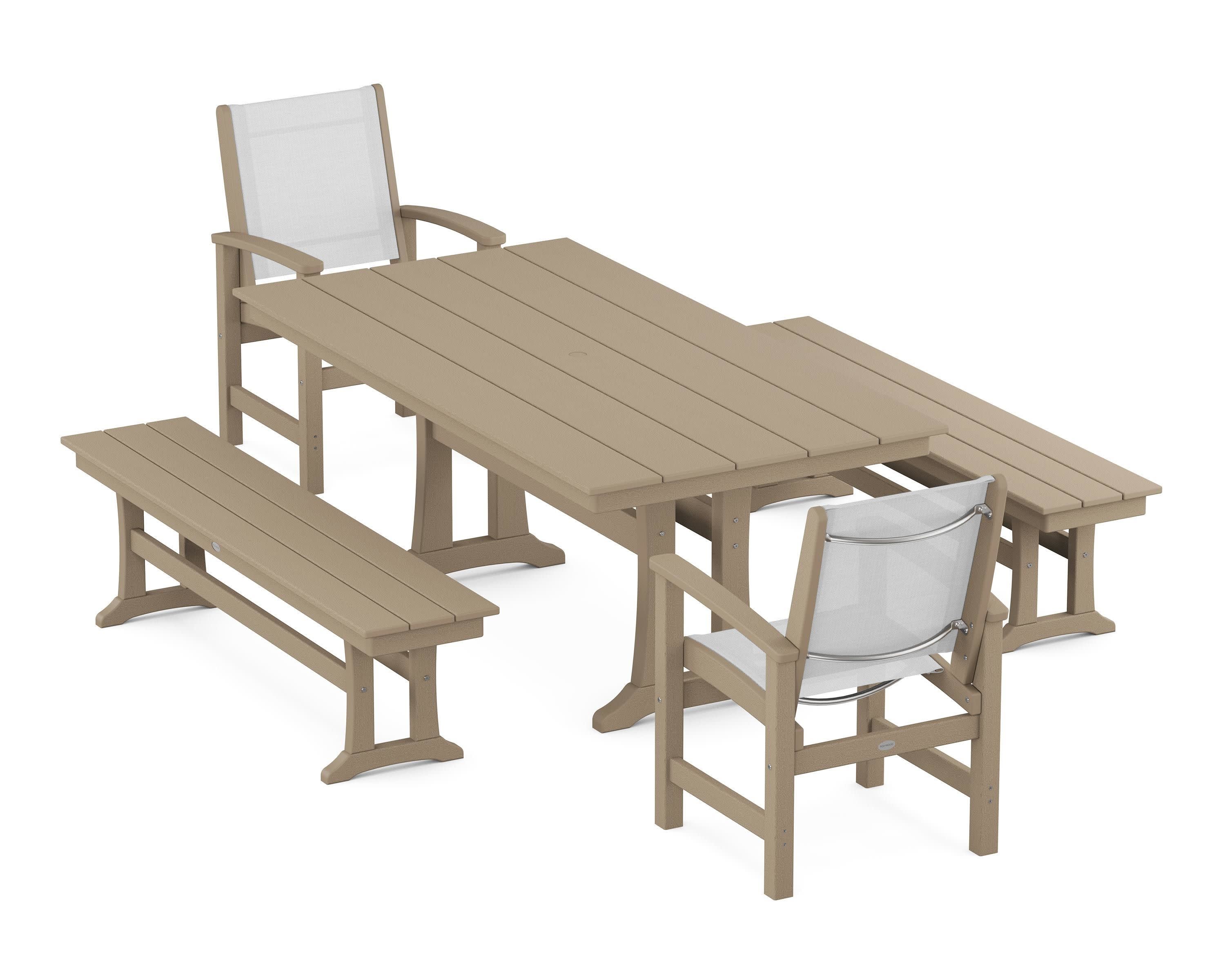 Coastal 5-Piece Farmhouse Dining Set with Trestle Legs and Benches in Vintage Sahara / White Sling