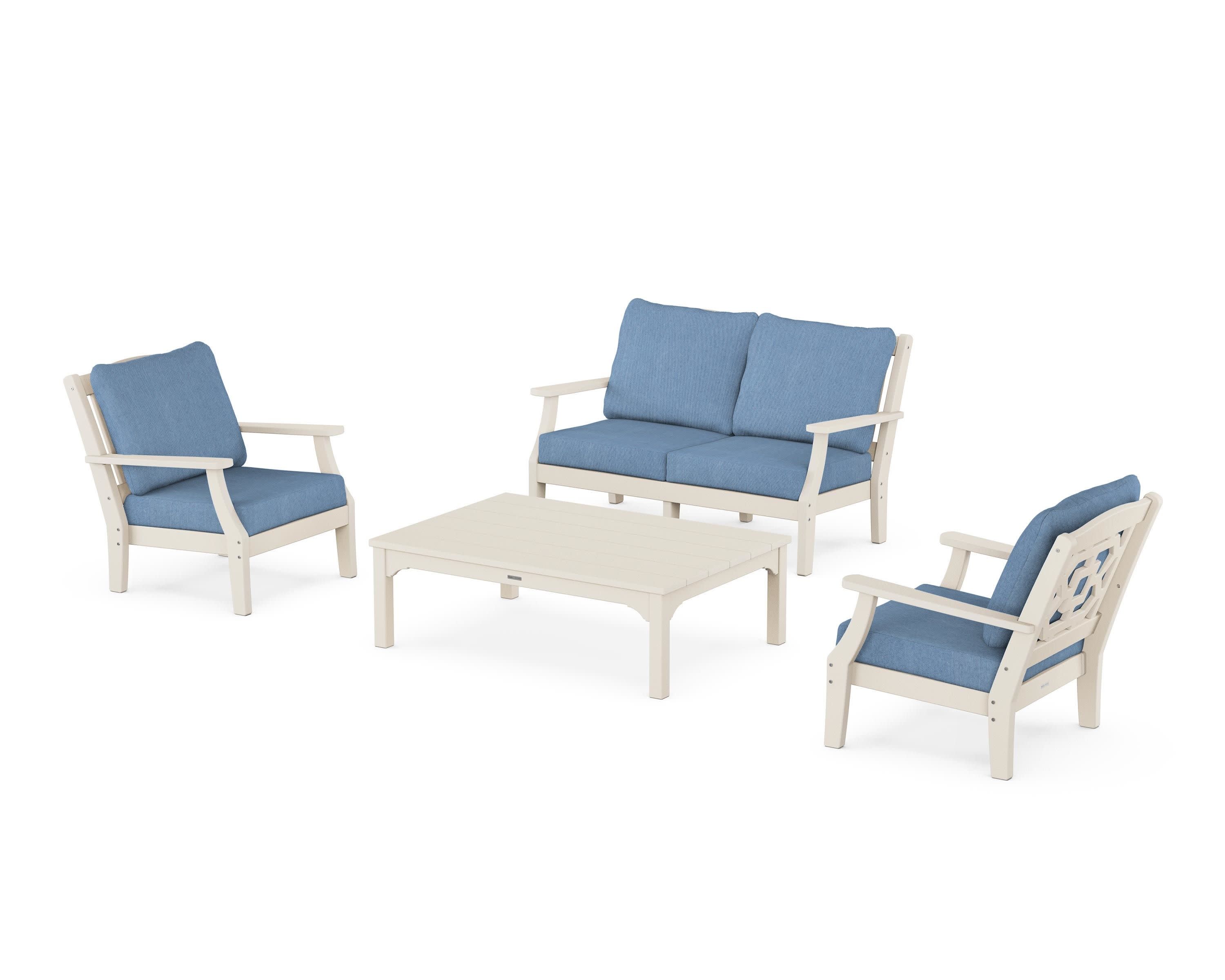 Chinoiserie 4-Piece Deep Seating Set with Loveseat in Sand / Sky Blue