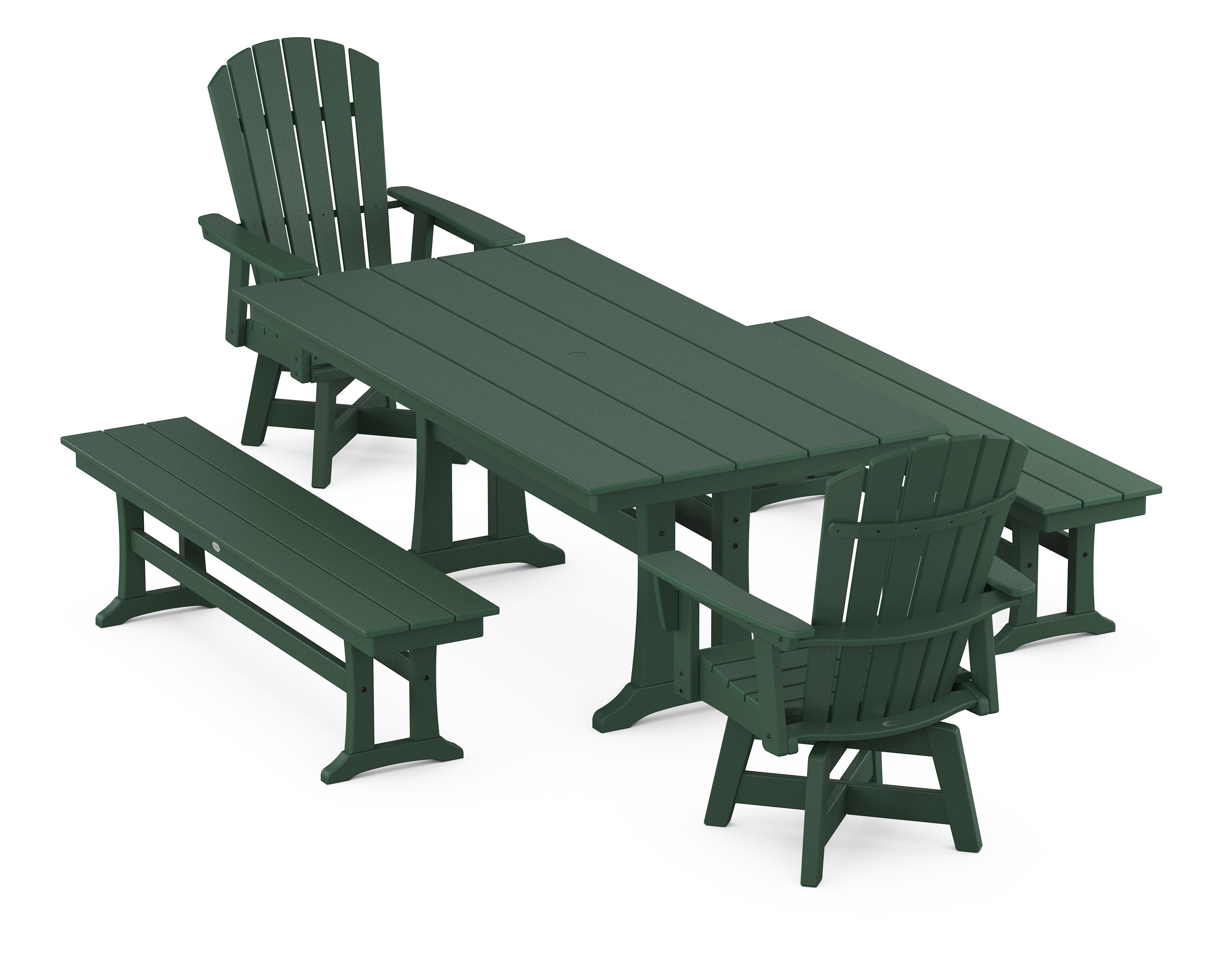 Nautical Curveback Adirondack Swivel Chair 5-Piece Farmhouse Dining Set With Trestle Legs and Benches in Green