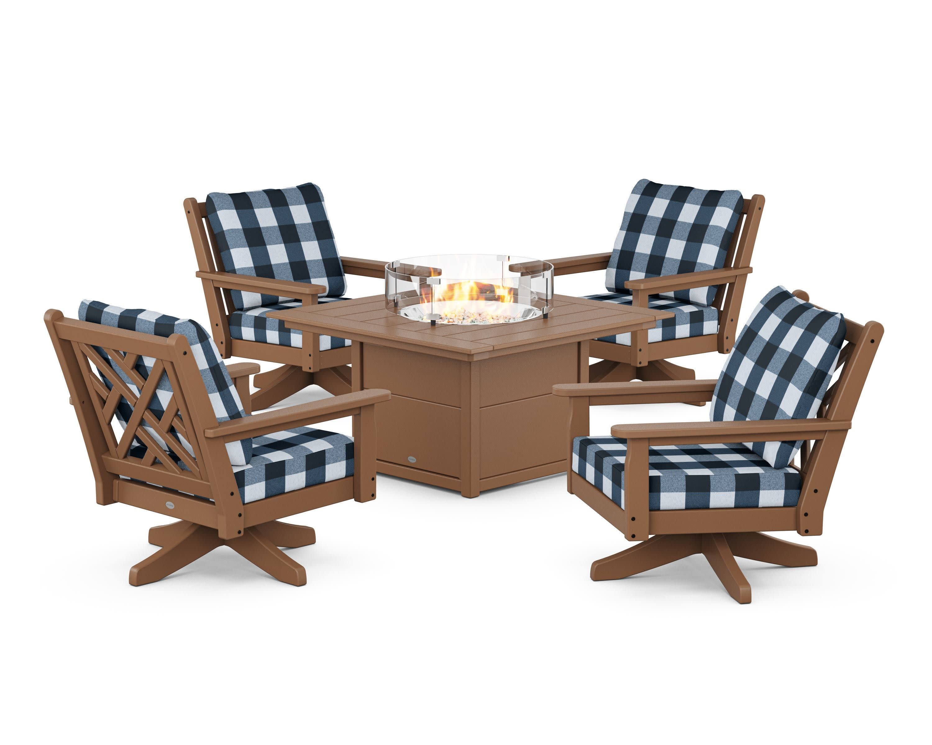 Chippendale 5-Piece Deep Seating Swivel Conversation Set with Fire Pit Table in Teak / Buffalo Plaid Marine Indigo