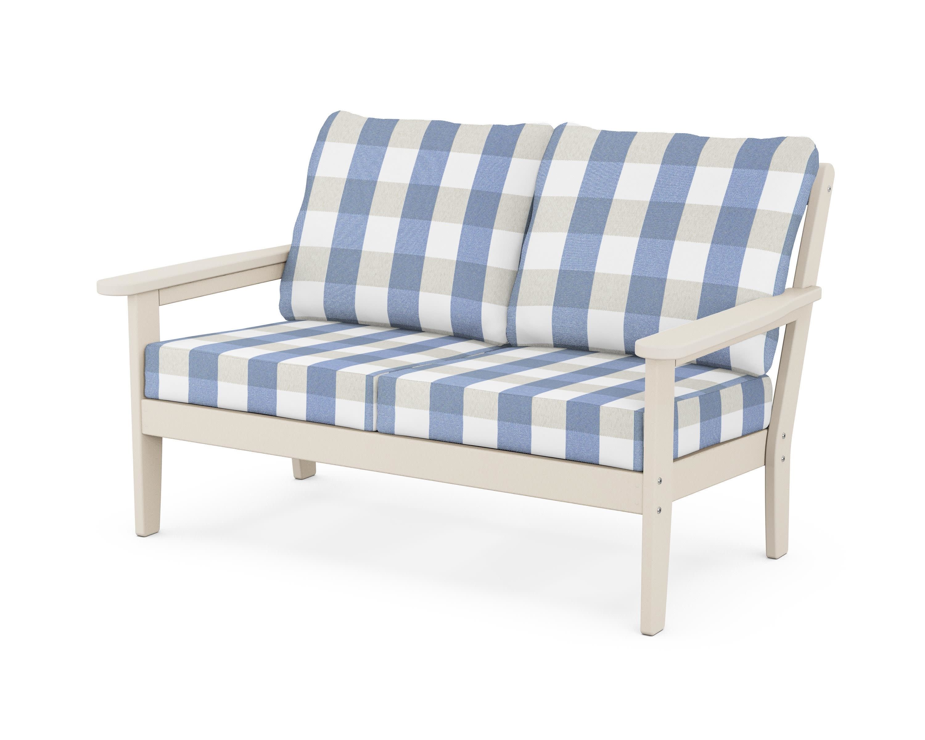 Cottage Deep Seating Loveseat in Sand / Buffalo Plaid Sky Blue