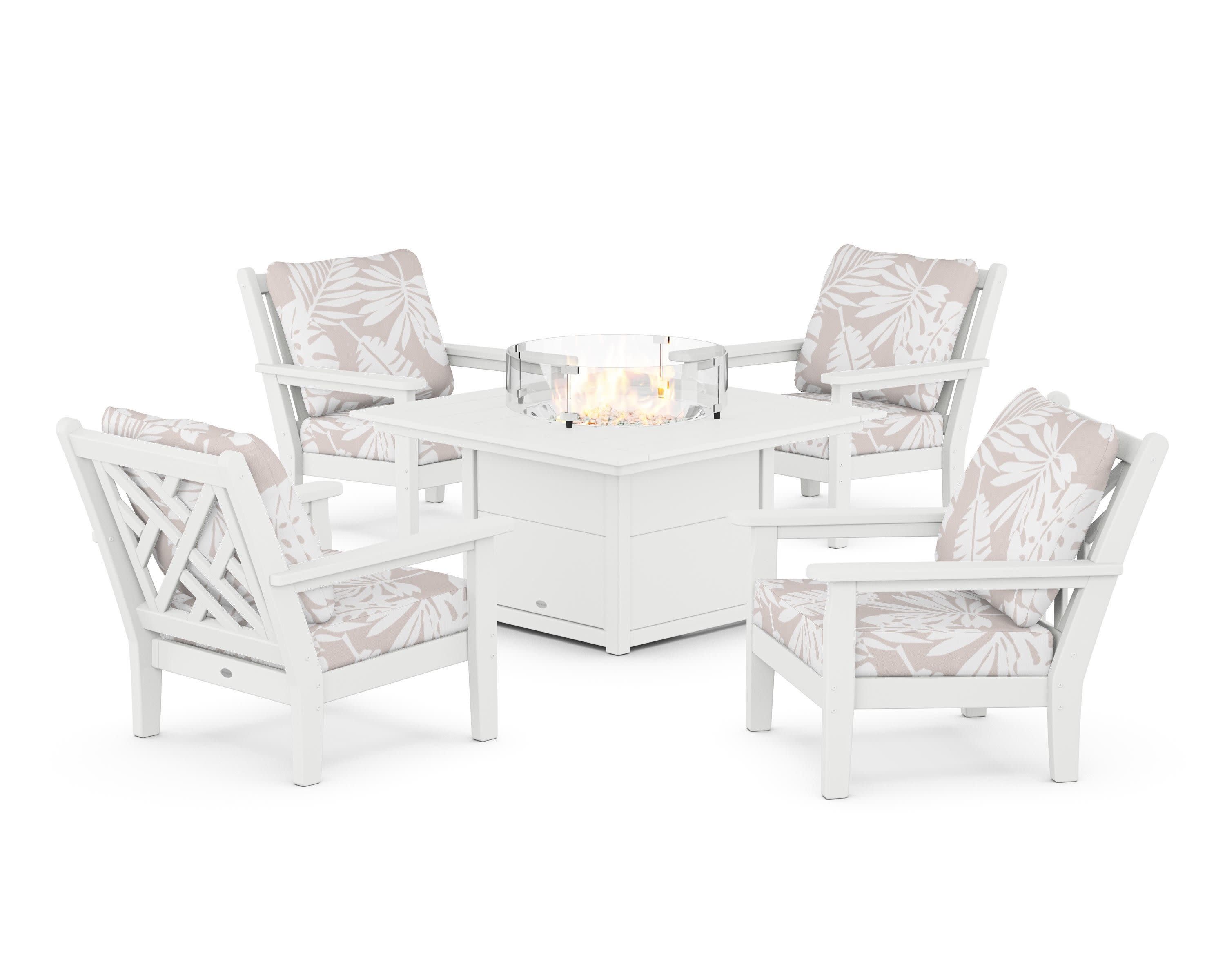 Chippendale 5-Piece Deep Seating Set with Fire Pit Table in White / Leaf Dune Burlap